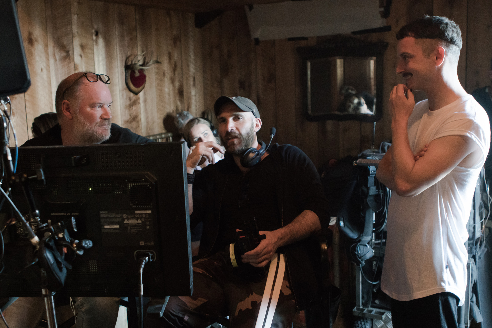 Ant Timpson (left) with Elijah Wood (right) on the set of Come to Daddy. Photo / Jamie Leigh Gianopoulos