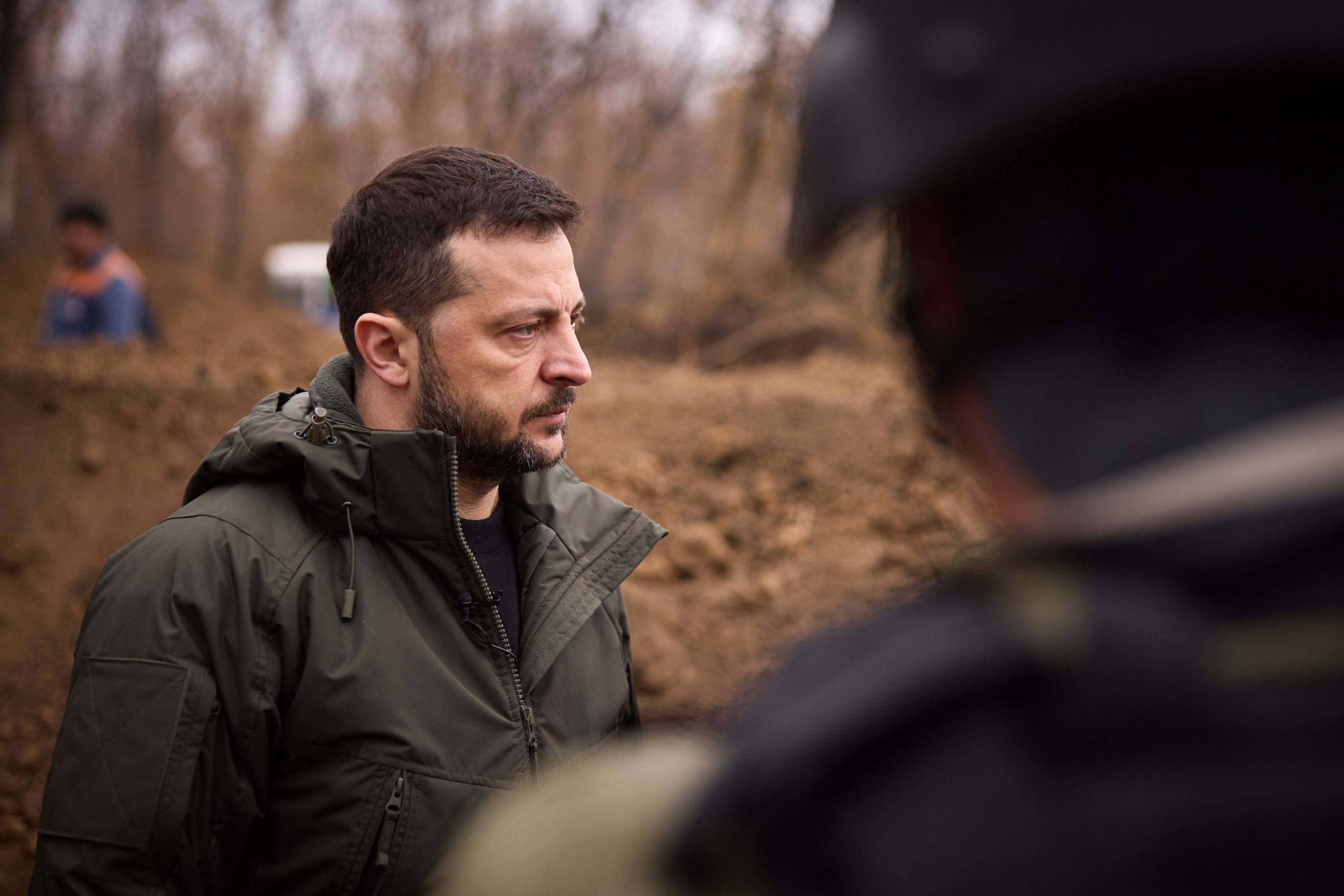 Ukraine's President Volodymyr Zelenskyy inspects the construction of fortifications at an undisclosed location in Donetsk region. Photo / AFP