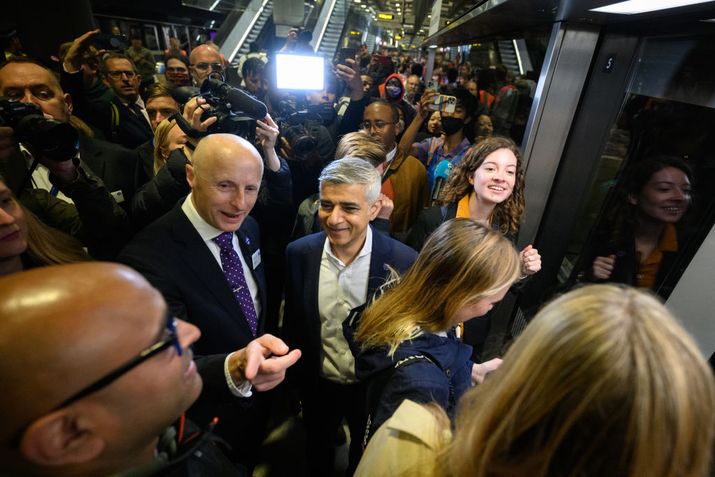 TfL Commissioner Andy Byford and Mayor of London Sadiq Khan board the first eastbound train on the Elizabeth Line. Photo / Leon Neal, Getty Images