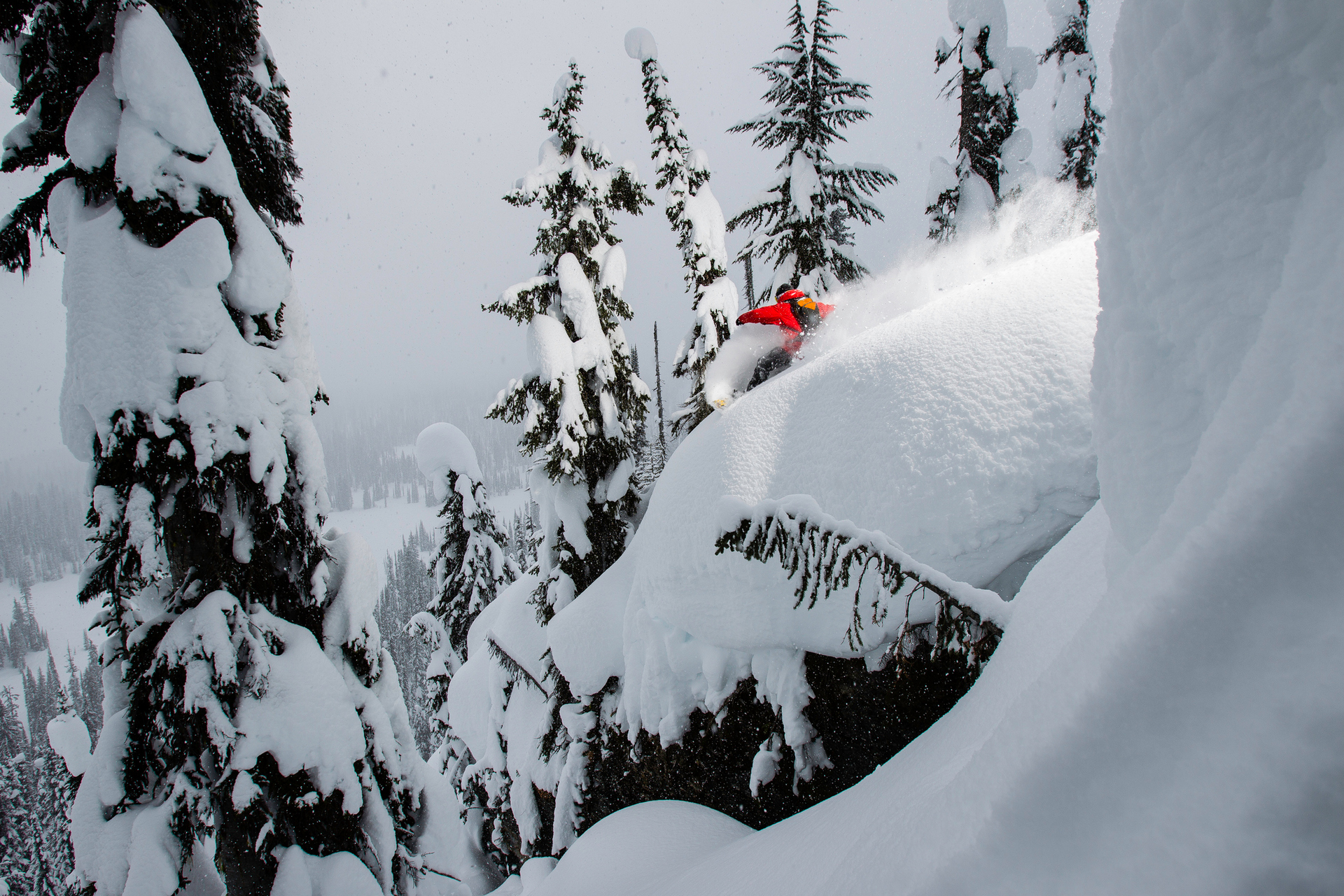 A snowboarder carves in deep snow above a small cliff near Revelstoke, in British Columbia's interior mountains. Photo / Getty Images 