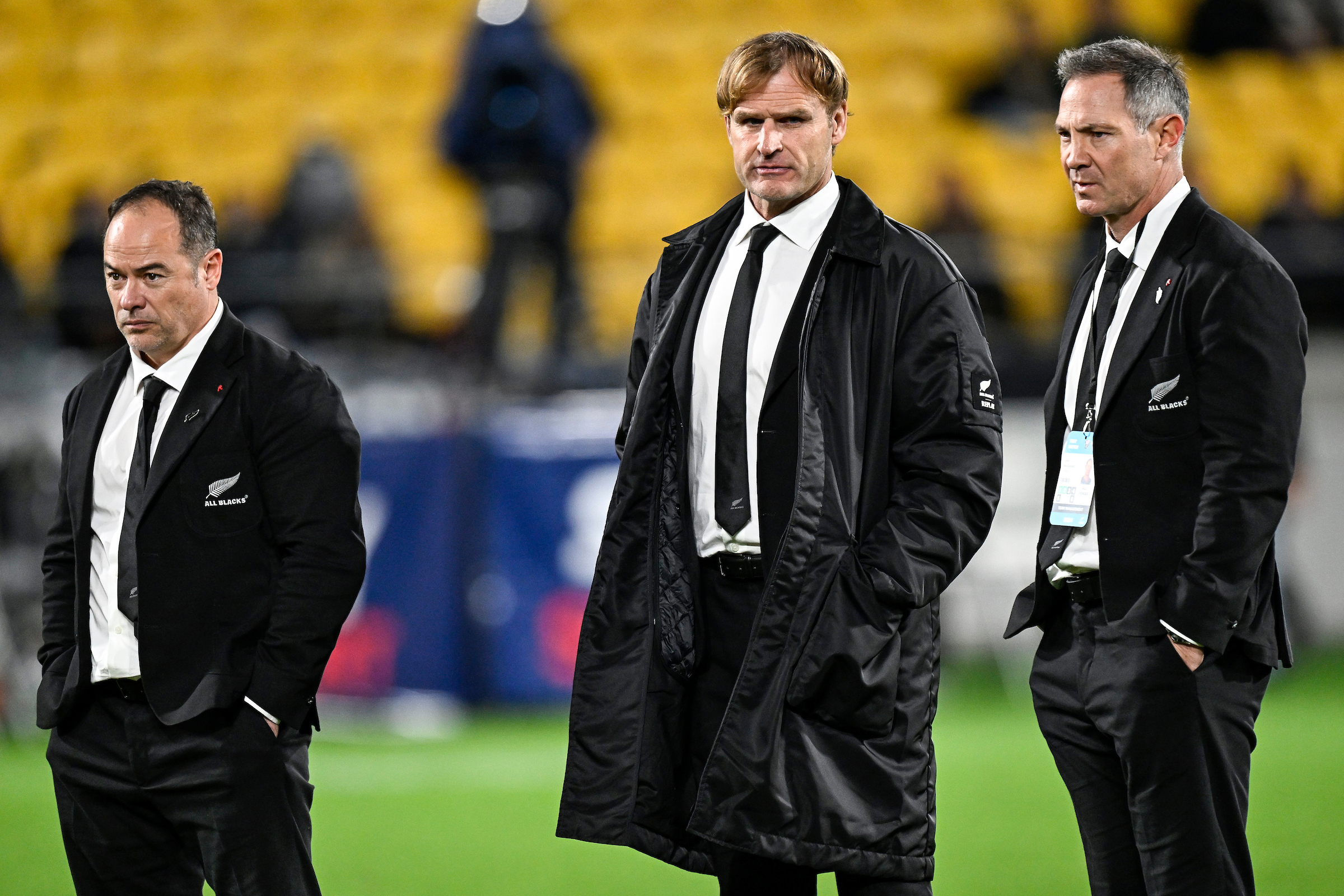 New Zealand assistant coach Scott Hansen, New Zealand coach Scott Robertson and assistant coach Leon MacDonald. New Zealand All Blacks v Argentina, 2024 Lipovitan-D Rugby Championship test match at Sky Stadium, Wellington, New Zealand on Saturday 10 August 2024. © Photo: Andrew Cornaga / Photosport