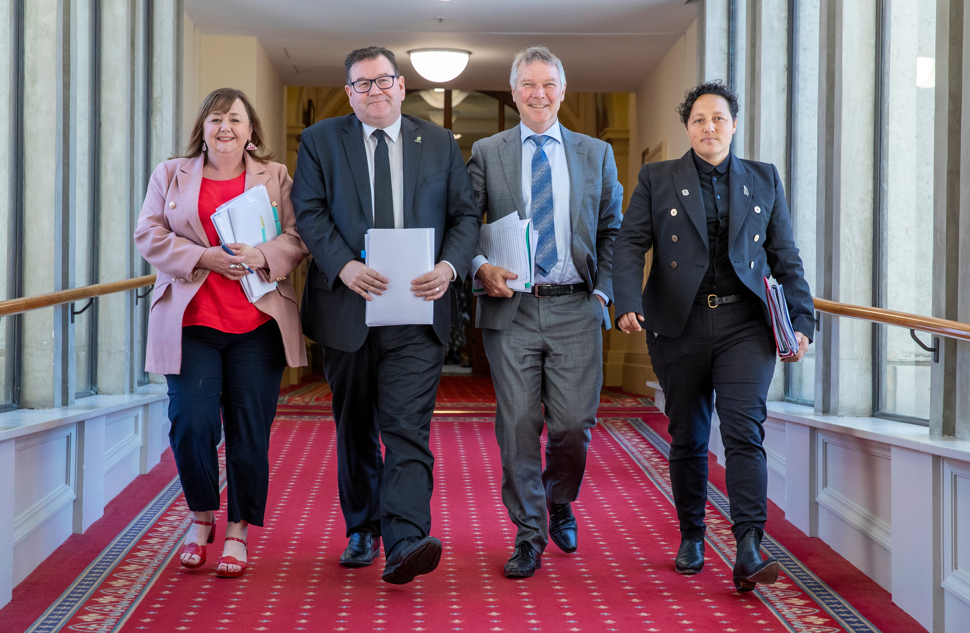 Deputy Prime Minister Grant Robertson, pictured today with Housing Minister Megan Woods, Environment Minister David Parker and Associate Environment Minister Kiri Allan. Photo / Mark Mitchell
