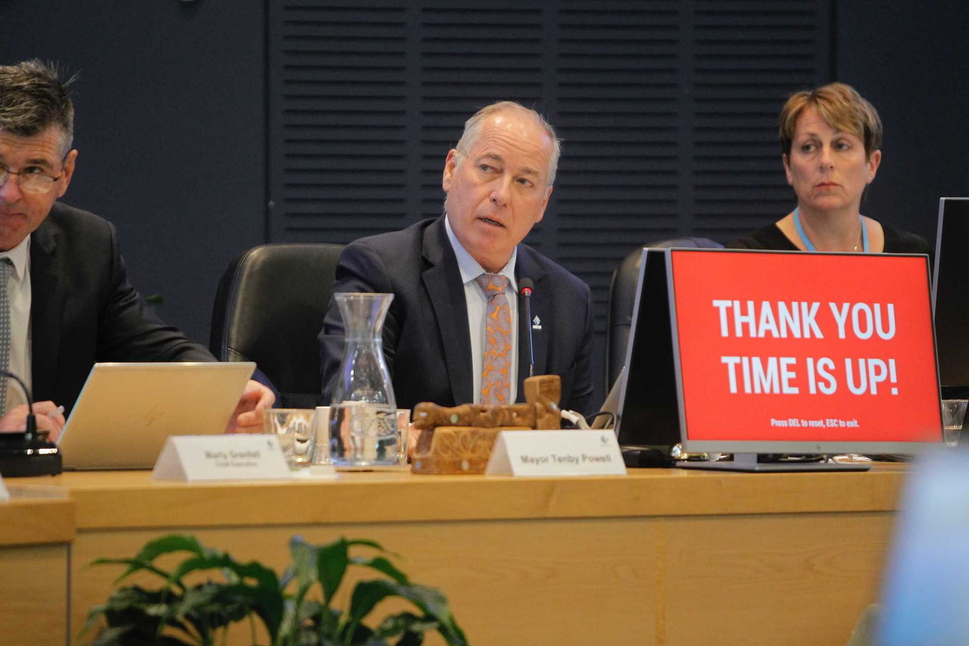 Soon to be former-mayor of Tauranga Tenby Powell in today's meeting. Photo / George Novak