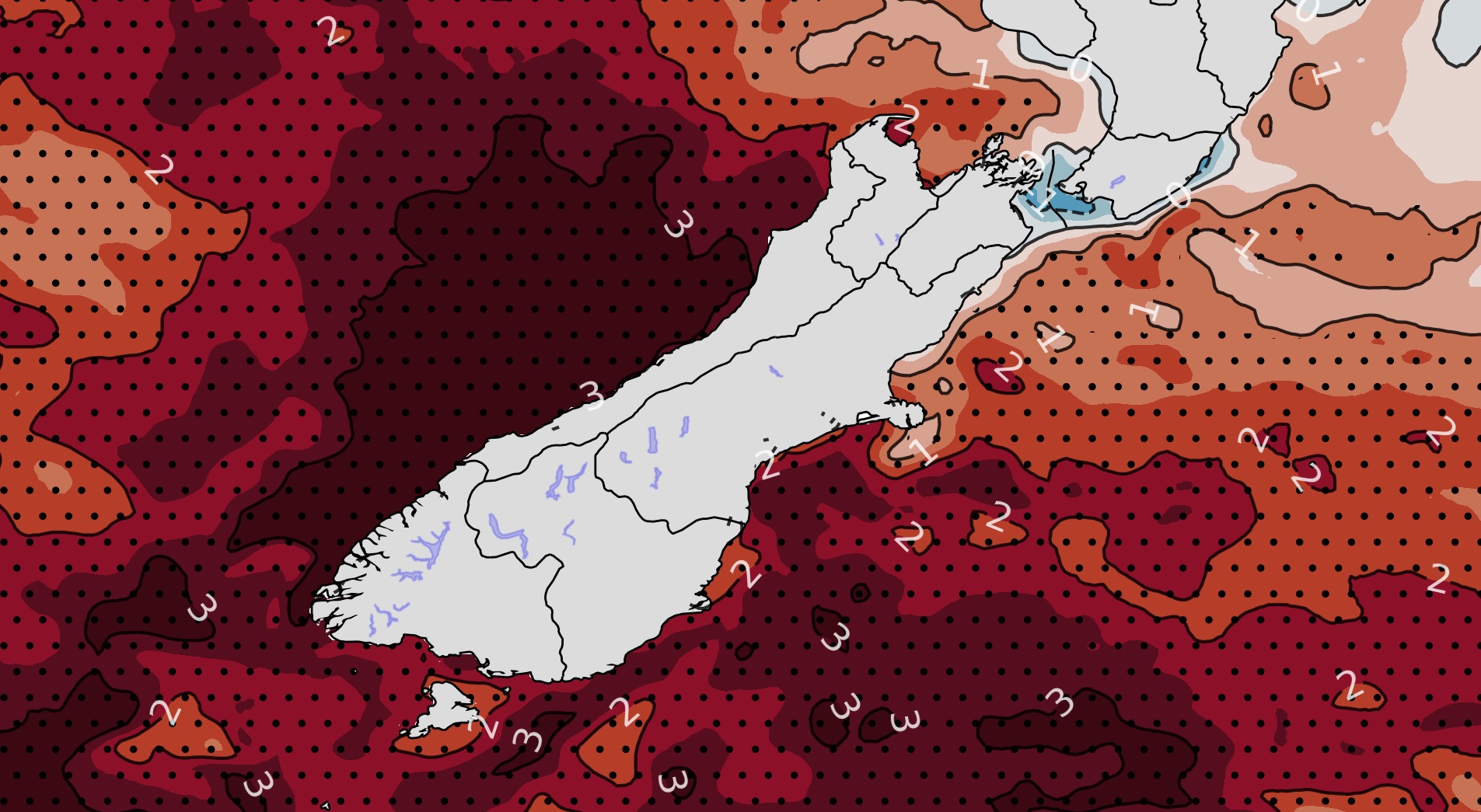 The latest sateliite observations show sea surface temperatures off the South Island's West Coast are running more than 3C - denoted in dark red - above average. Image / Supplied