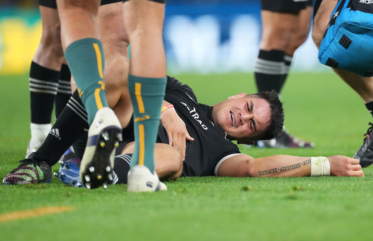 All Blacks midfielder Quinn Tupaea suffered a horror knee injury in 2022 after a dangerous cleanout by Wallabies lock Darcy Swain. Photo / Photosport