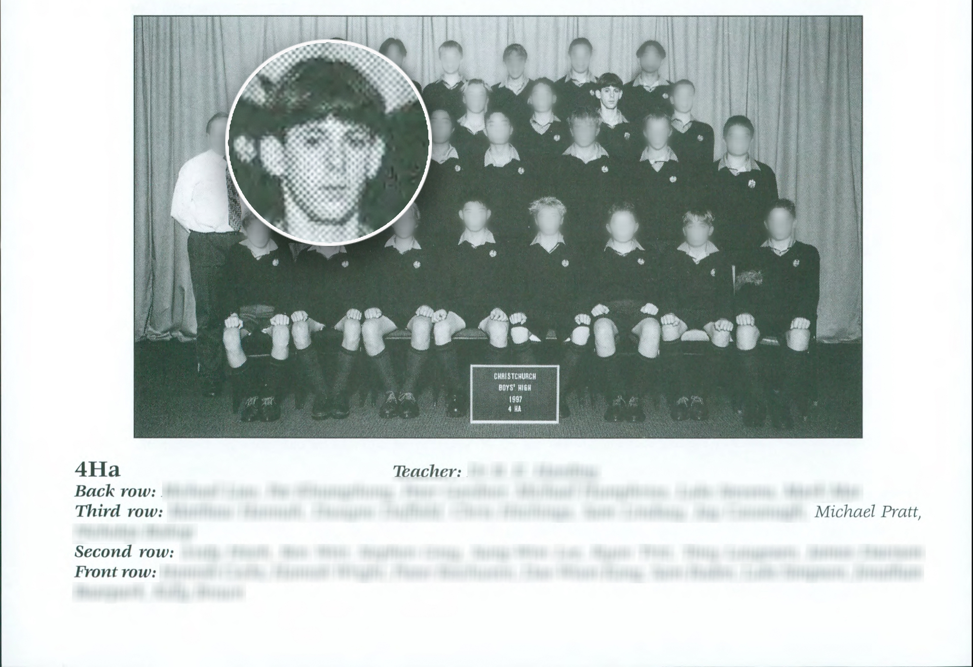 Christchurch Boys' High School class 4Ha photograph from 1997. Michael Pratt is in the third row second from right. Photo / Supplied