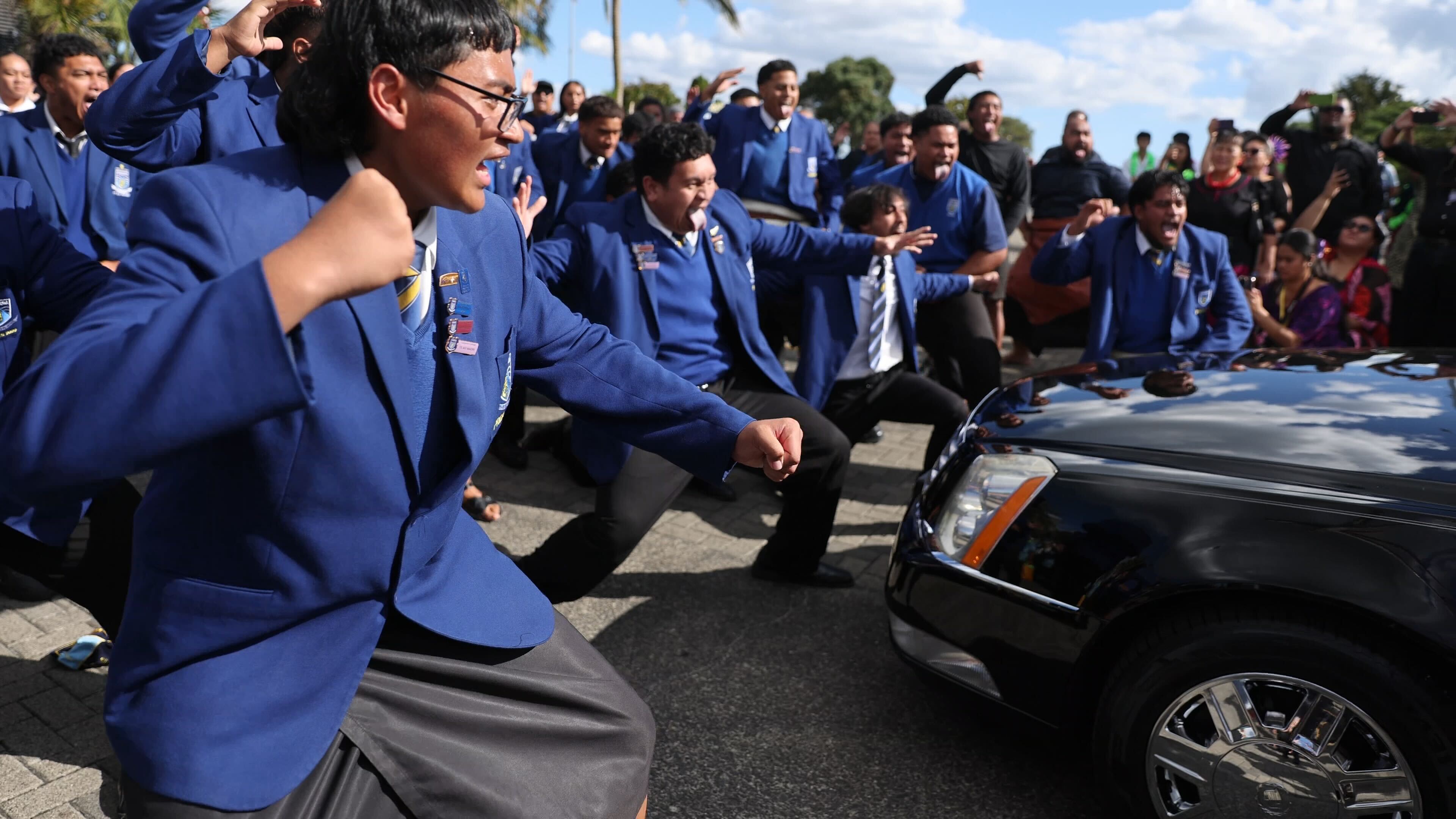 Student's from Fa’anānā Efeso Collins' old school, Tangaroa College, performed an emotional haka as the hearse carrying Collins left the Due Drop Hope Centre in Manukau. Photo / Michael Craig
