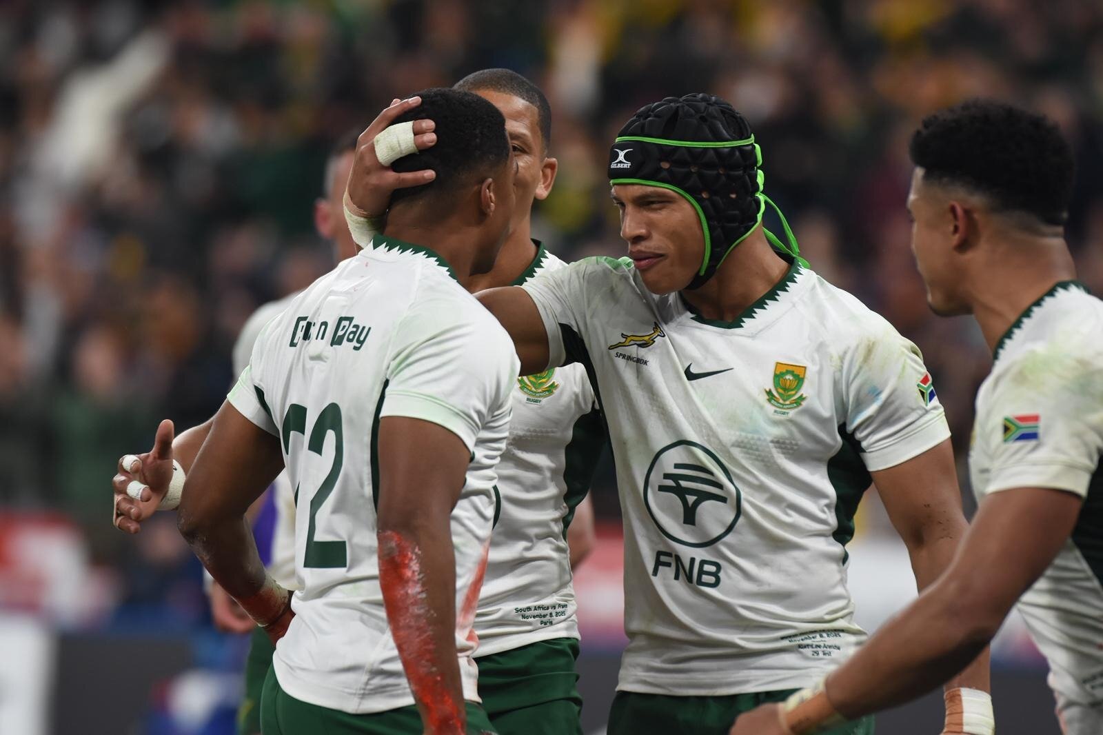 Springboks players celebrate after scoring against France, in Paris. Photo / Brad Roberts