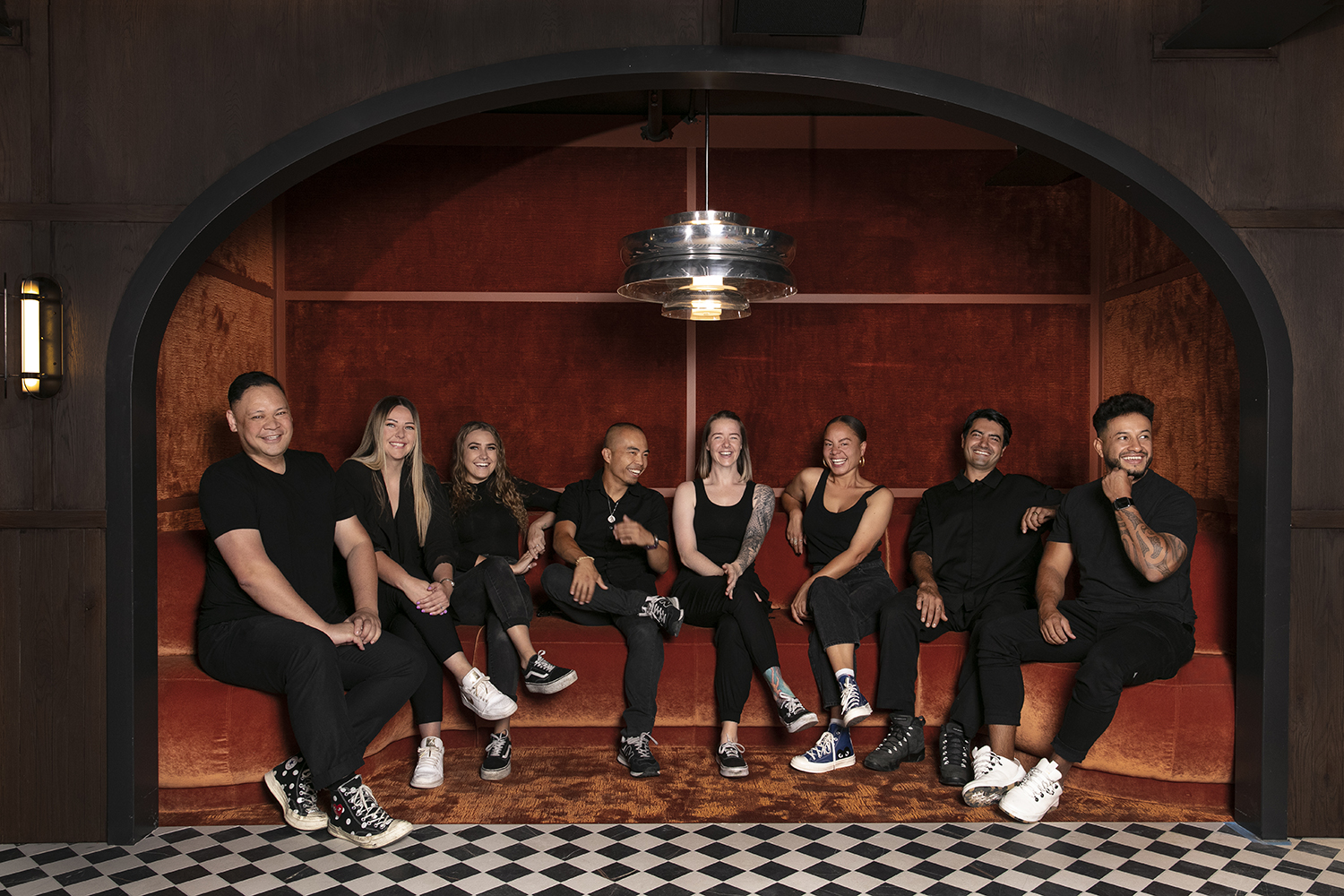 Vinci Gin-Nen (far left) has assembled a dream hospitality team to work on new ventures Shy Guy, Milenta and Peep, including (L-R) HR manager Ashleigh Kirkwood, Shy Guy membership manager Taylor Wood, sous chef Al Brayne, Shy Guy manager Victoria Magee, Milenta manager Lauren Coleman, Milenta executive chef Elie Assaf and director Andres Andrade. Photo / Babiche Martens