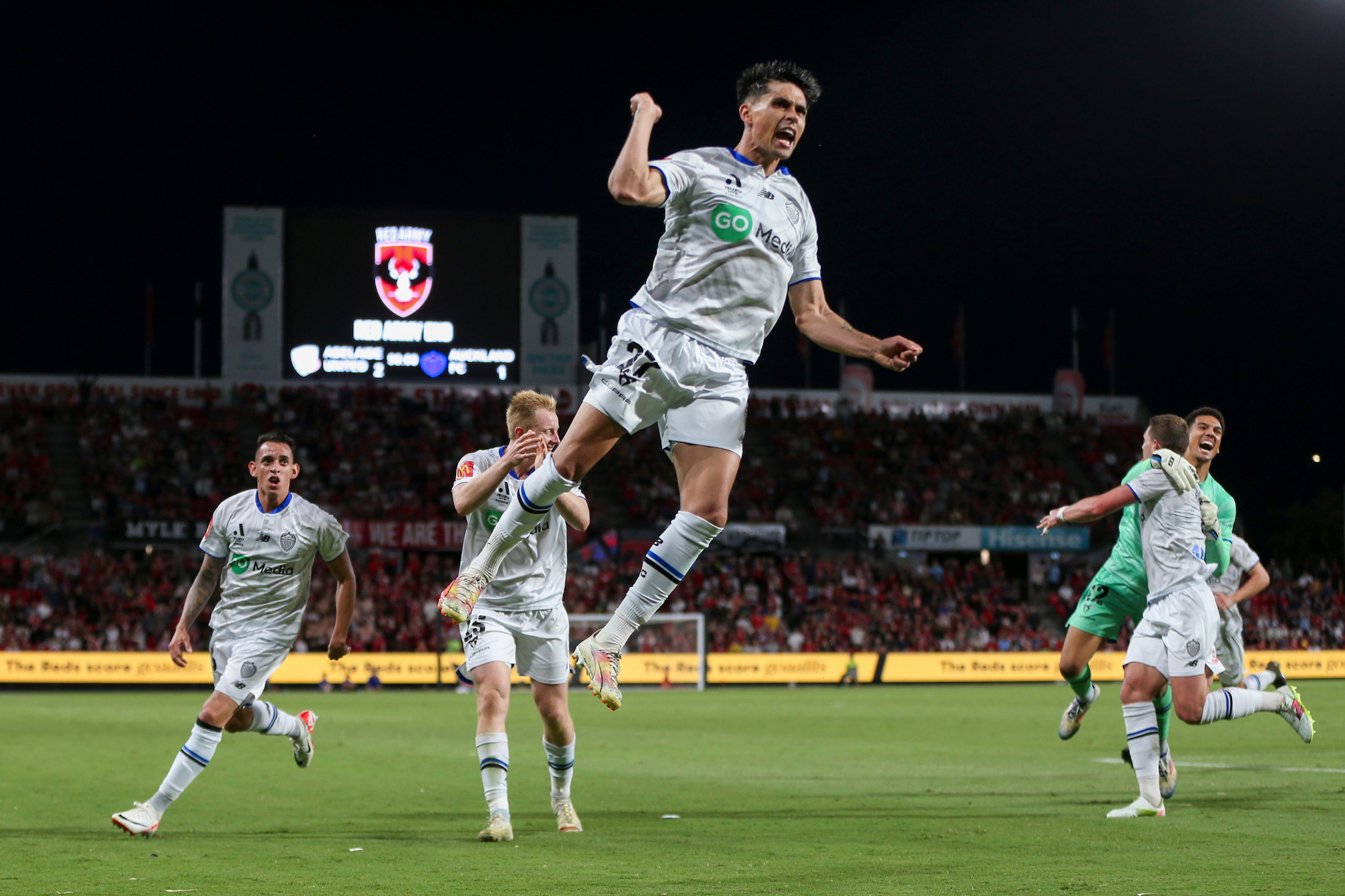 Logan Rogerson celebrates a goal in the final seconds against Adelaide United. Photo / Photosport