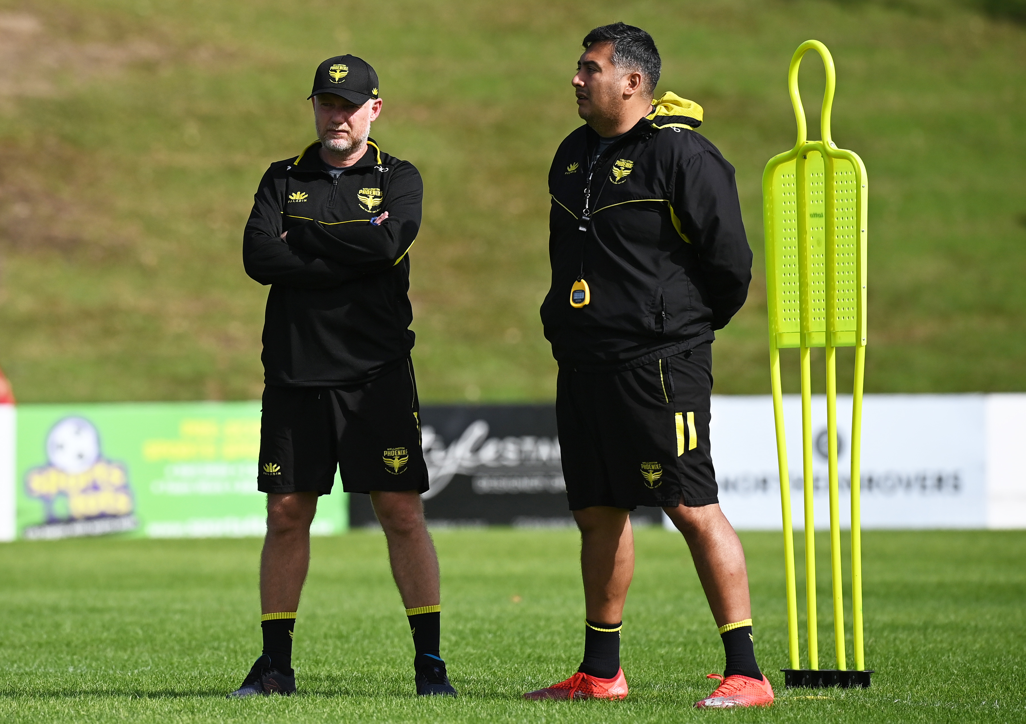 Giancarlo Italiano (right) with former head coach Ufuk Talay during a Wellington Phoenix training session. Photo / Photosport