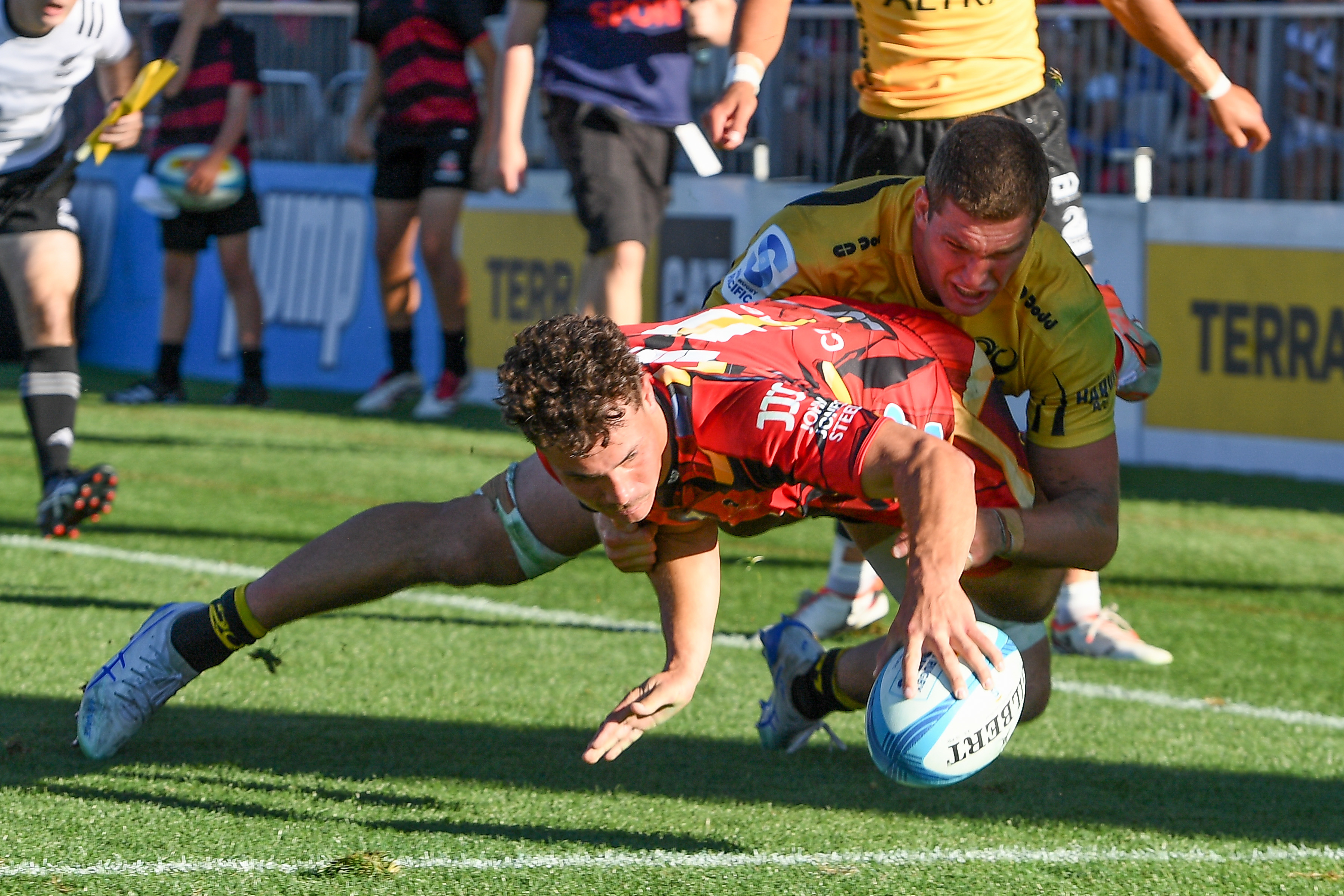 Macca Springer of the Crusaders scores a try against the Force last weekend. Photo / John Davidson/www.photosport.nz