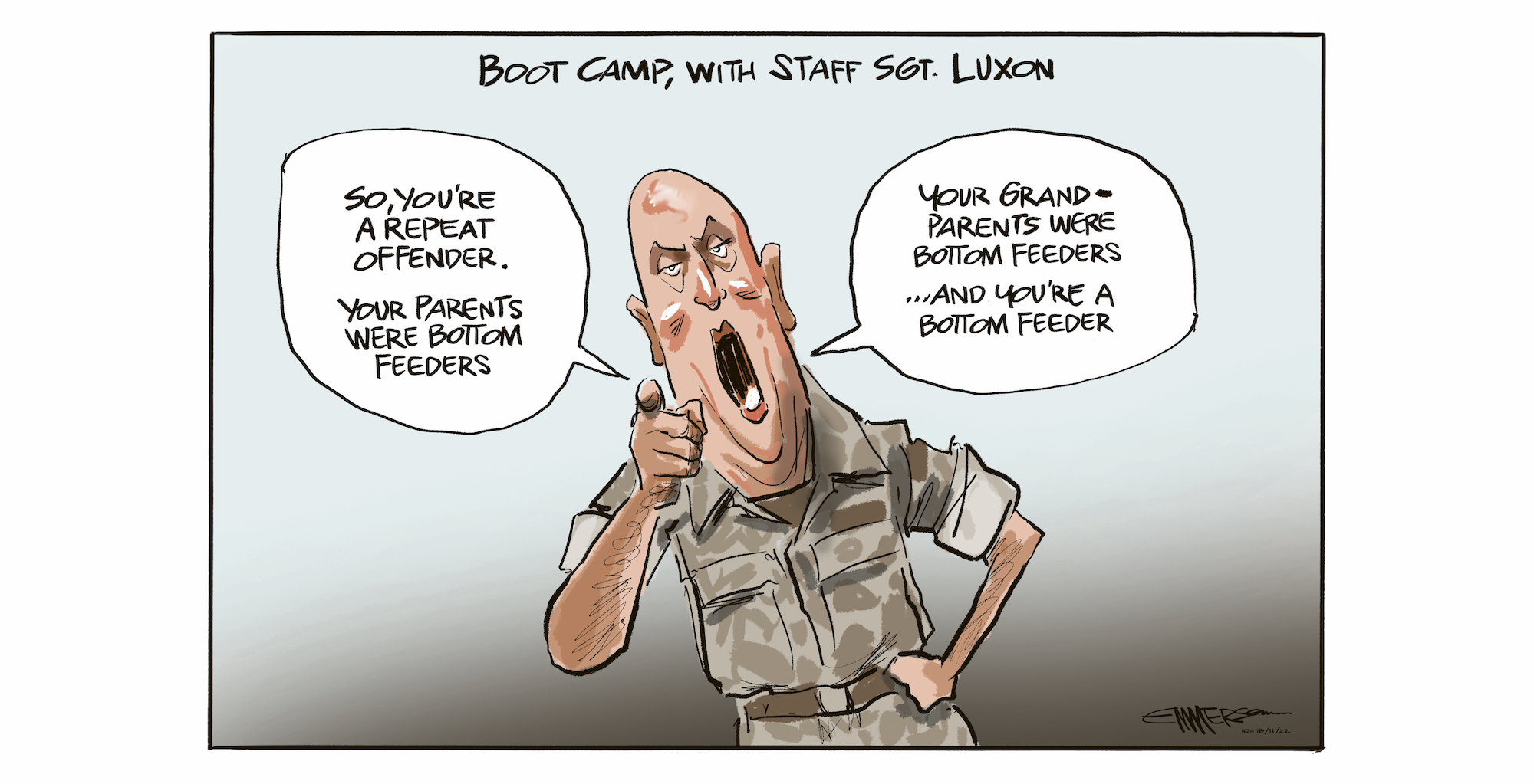 Christopher Luxon and National propose a military-style boot camp for youth repeat offenders, rather than looking at the long-term history of poverty. Cartoon / Rod Emmerson, November 18, 2022