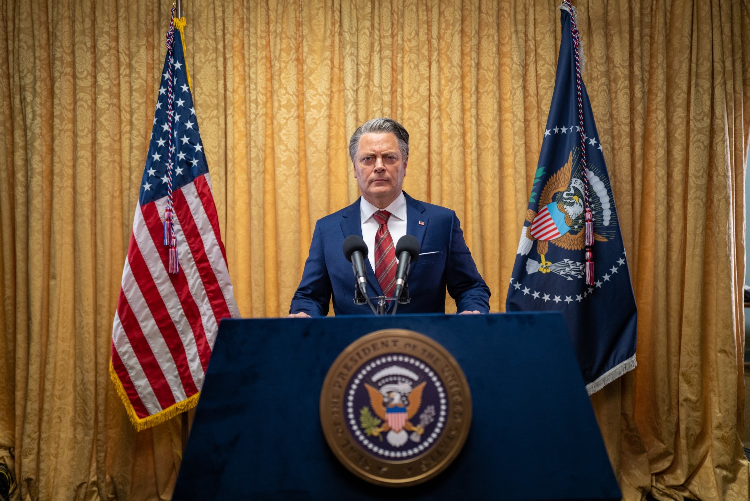 Taking another dramatic role (following an excellent performance in The Last of Us in 2023) comedian Nick Offerman plays the President of the United States.