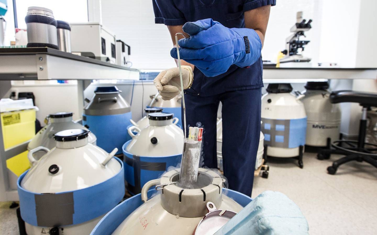 An embryologist removes straws used for embryo or semen storage from the storage tanks at a Fertility Associates clinic. Photo / Michael Craig