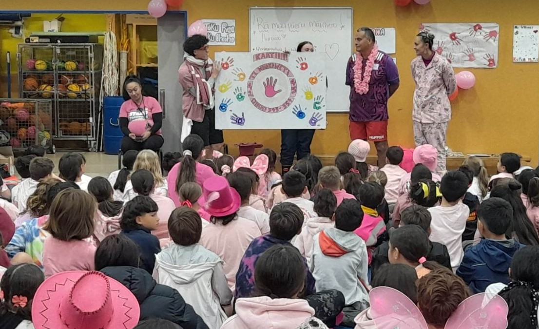 The students created colourful murals as part of Pink Shirt Day. Photo / Shauni James