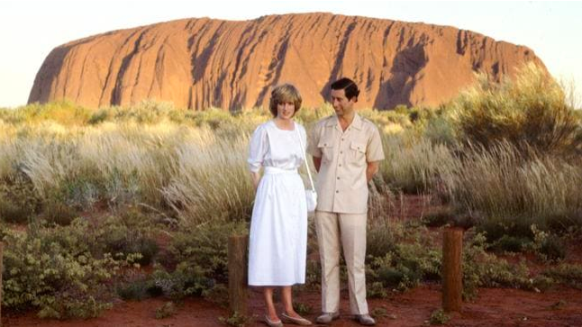 Prince Charles and Diana, Princess Of Wales standing in front of Uluru. Photo / Getty Images