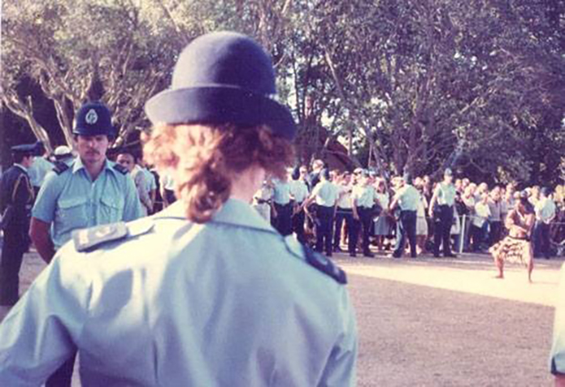 Police with batons keep close guard at Waitangi Day celebrations in 1983.