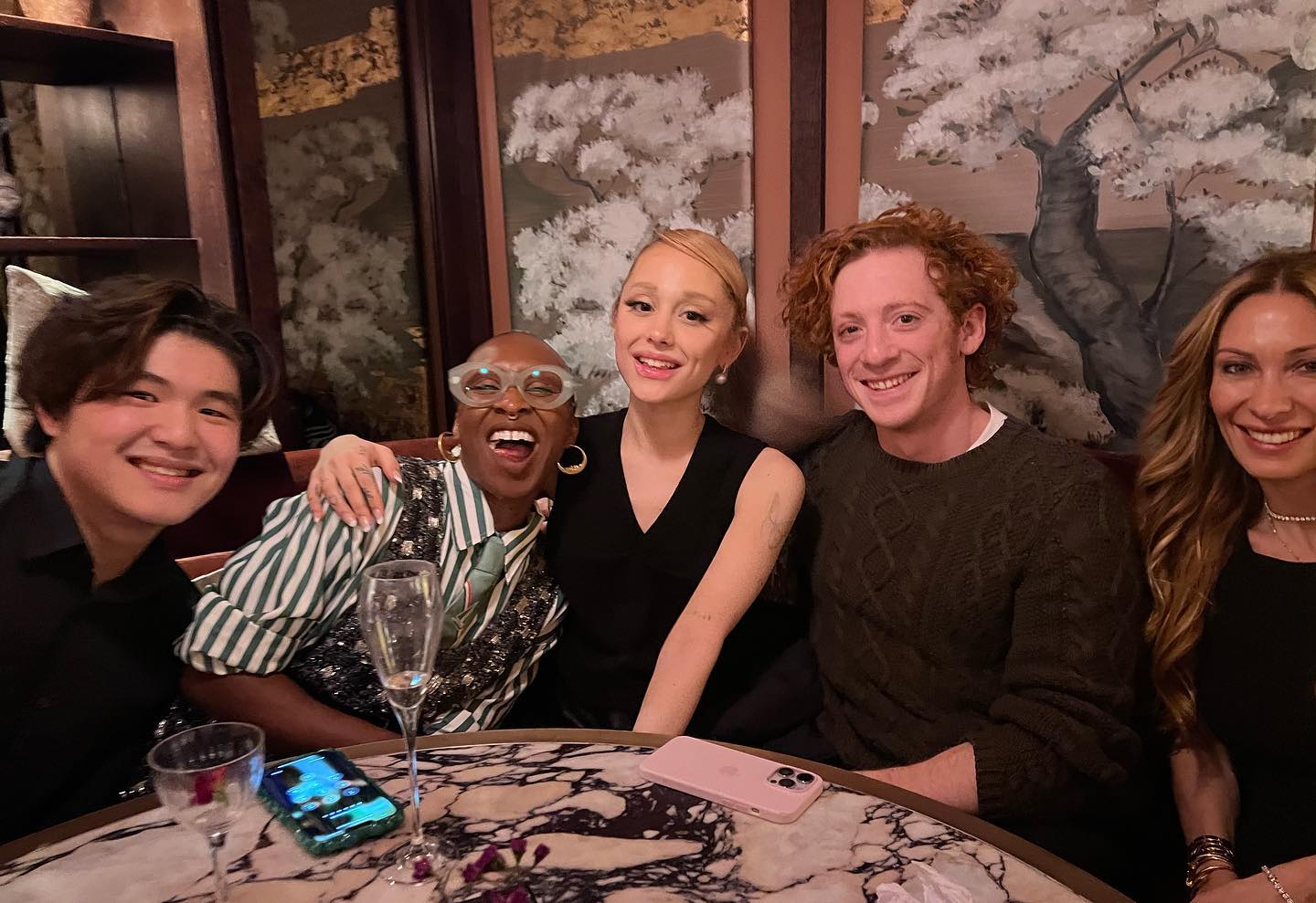 Ariana Grande and Ethan Slater smile in a photo shared by Michelle Yeoh in March. Photo / Instagram