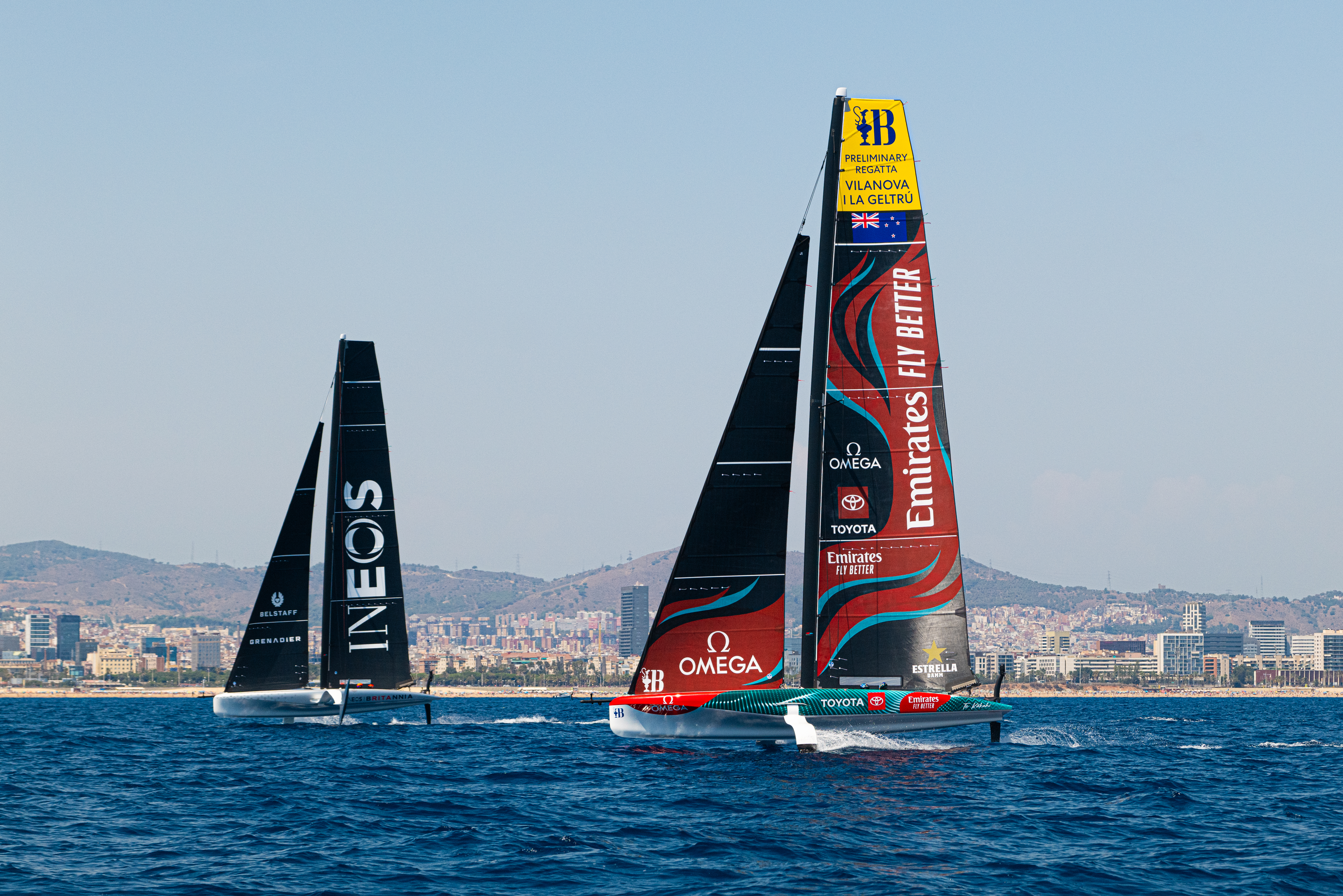 Team New Zealand sail their AC40 alongside Inoes Britannia in Barcelona. Photo: Supplied / America's Cup