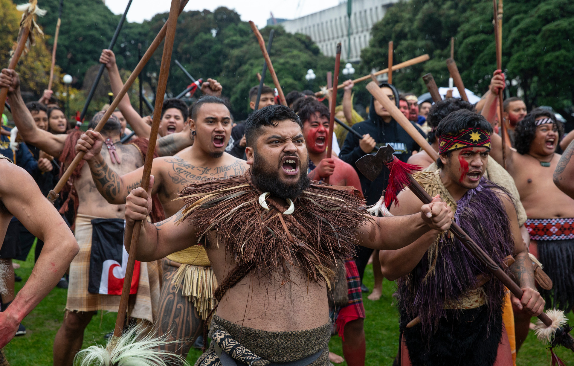 Ngai Te Rangi warriors performing a haka after their hikoi arrived at Parliament in May 2018. Photo / File