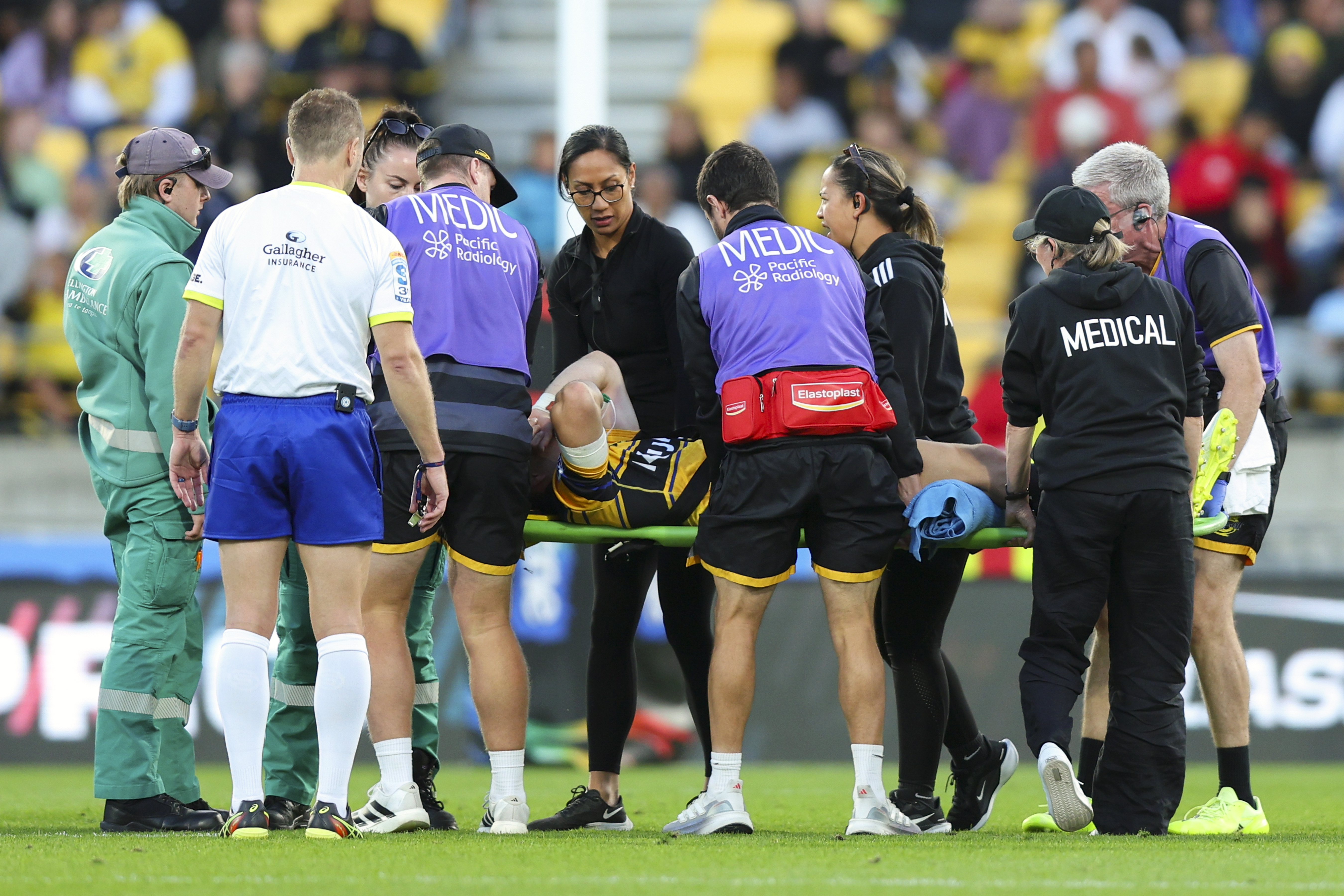 Brett Cameron was stretchered off the field during the Hurricanes' win over Moana Pasifika on Friday night. Photo / Getty Images