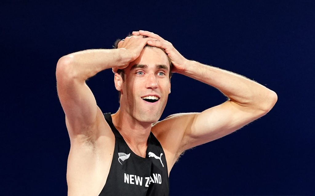 New Zealand's Hamish Kerr celebrates after winning the men's high jump during day three of the World Indoor Athletics Championships in Glasgow. Photo / Getty Images