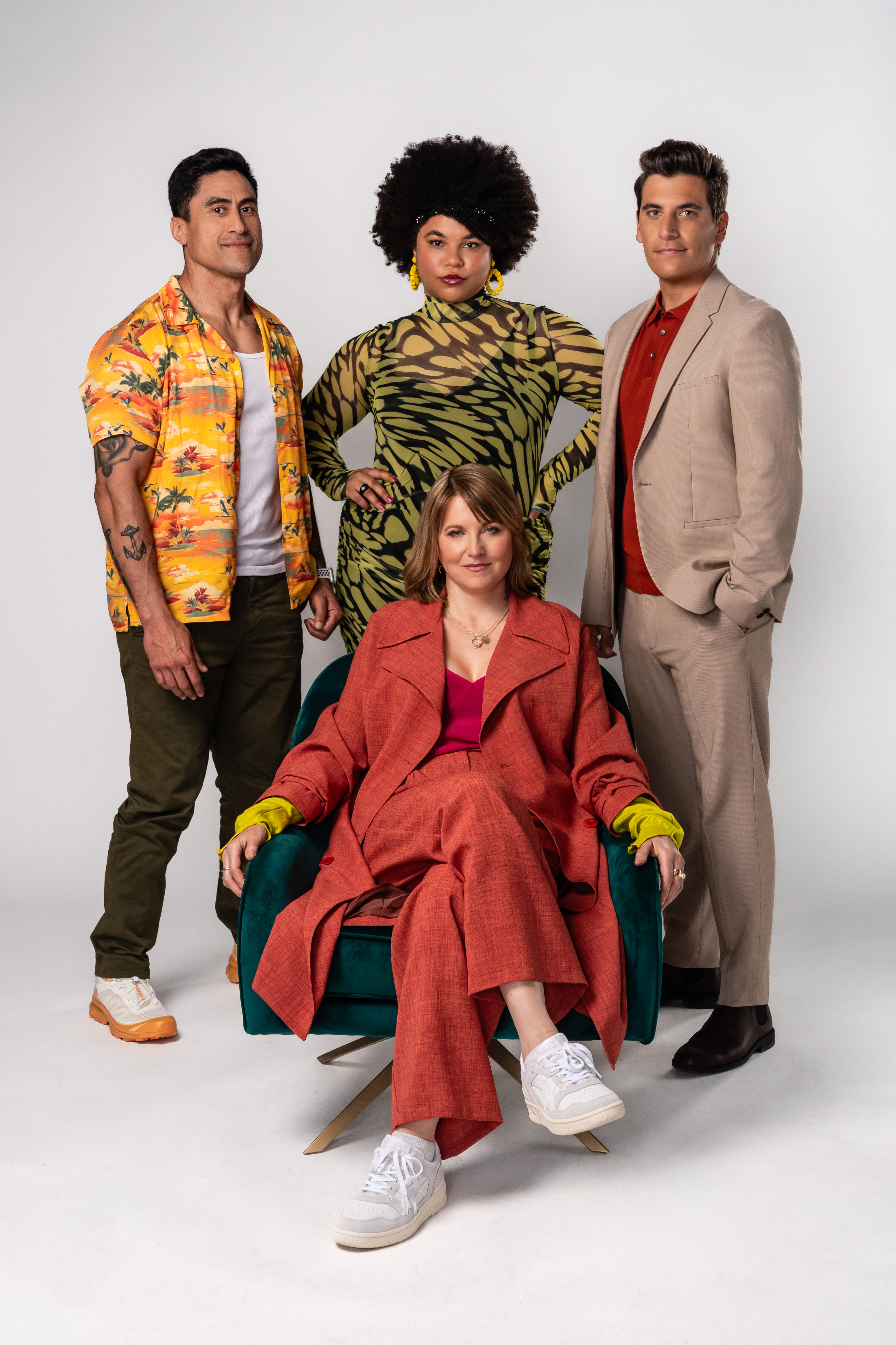 Lucy Lawless with her My Life is Murder co-stars (from left) Joe Naufahu, Ebony Vagulans and Rawiri Jobe. Photo / Matt Klitscher