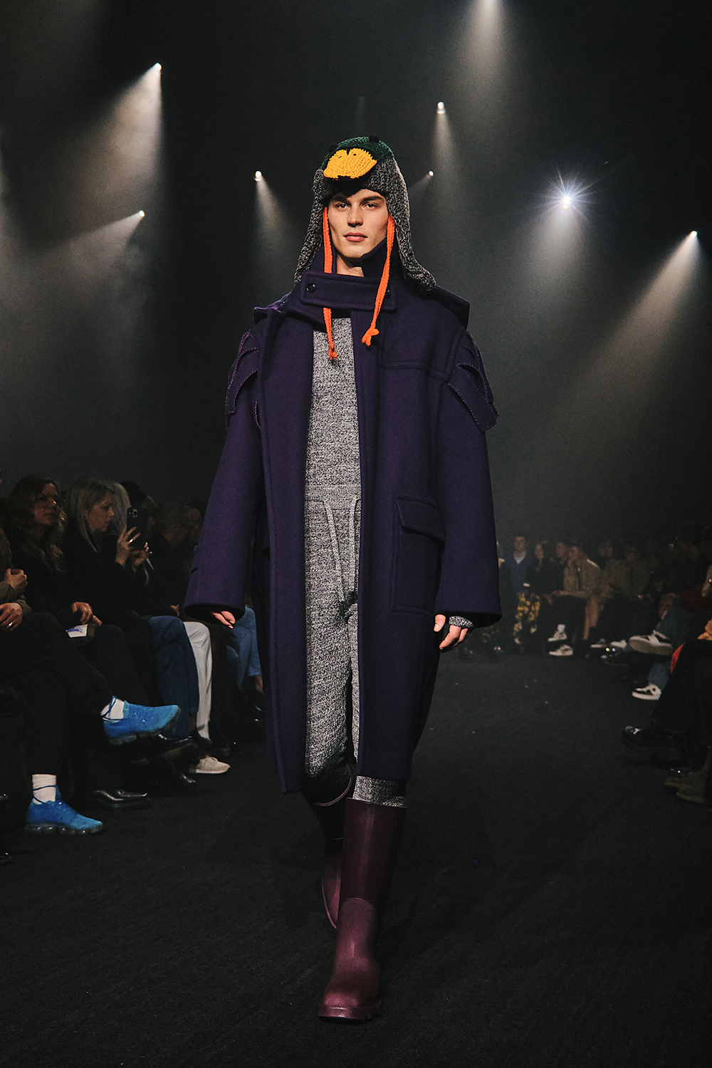 A model wearing a knit duck hat presents a look at the Burberry fall 2023 fashion show in London. Photo / Simbarashe Cha, The New York Times