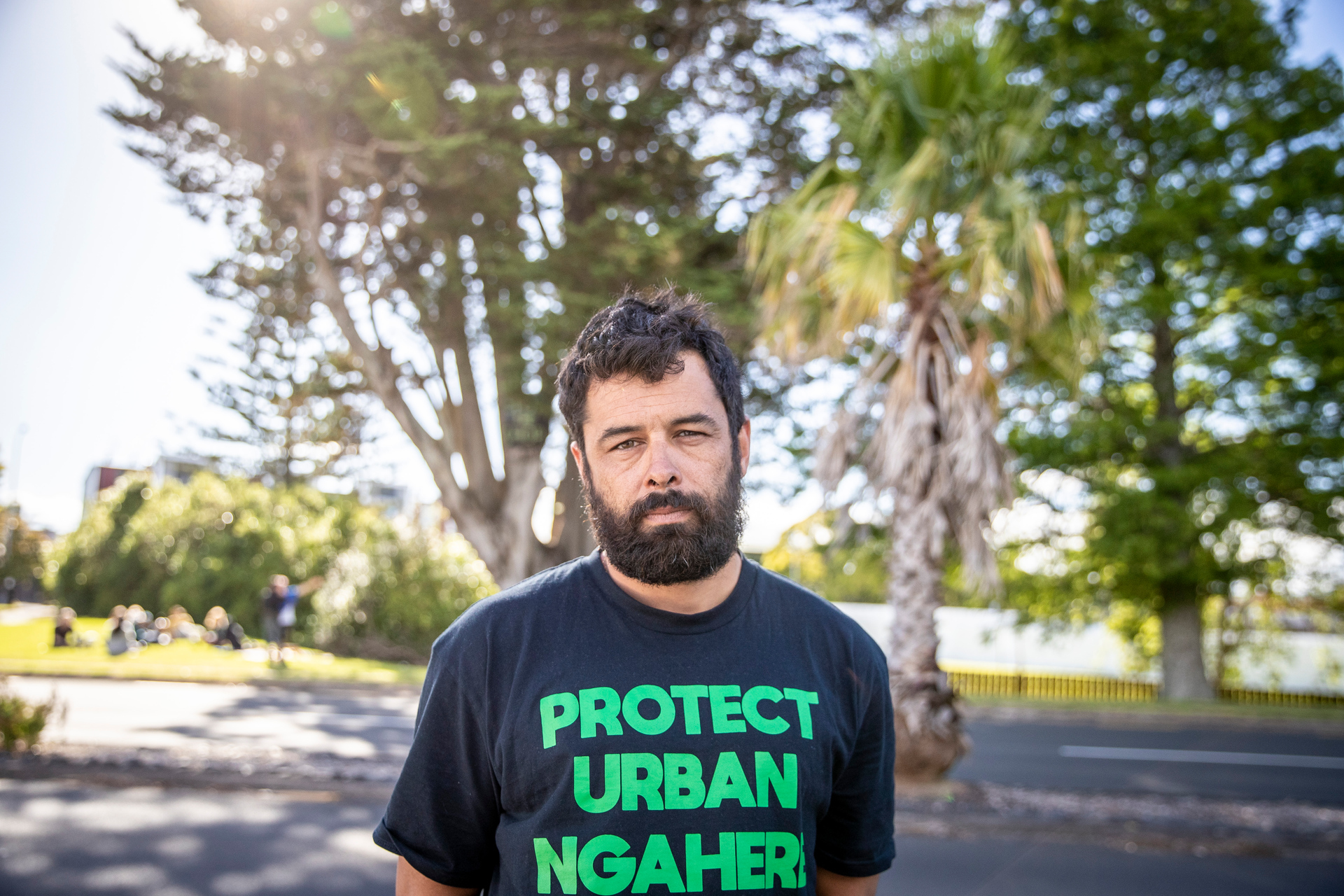 Zane Wedding protested against the macrocarpa removal. Photo / Michael Craig