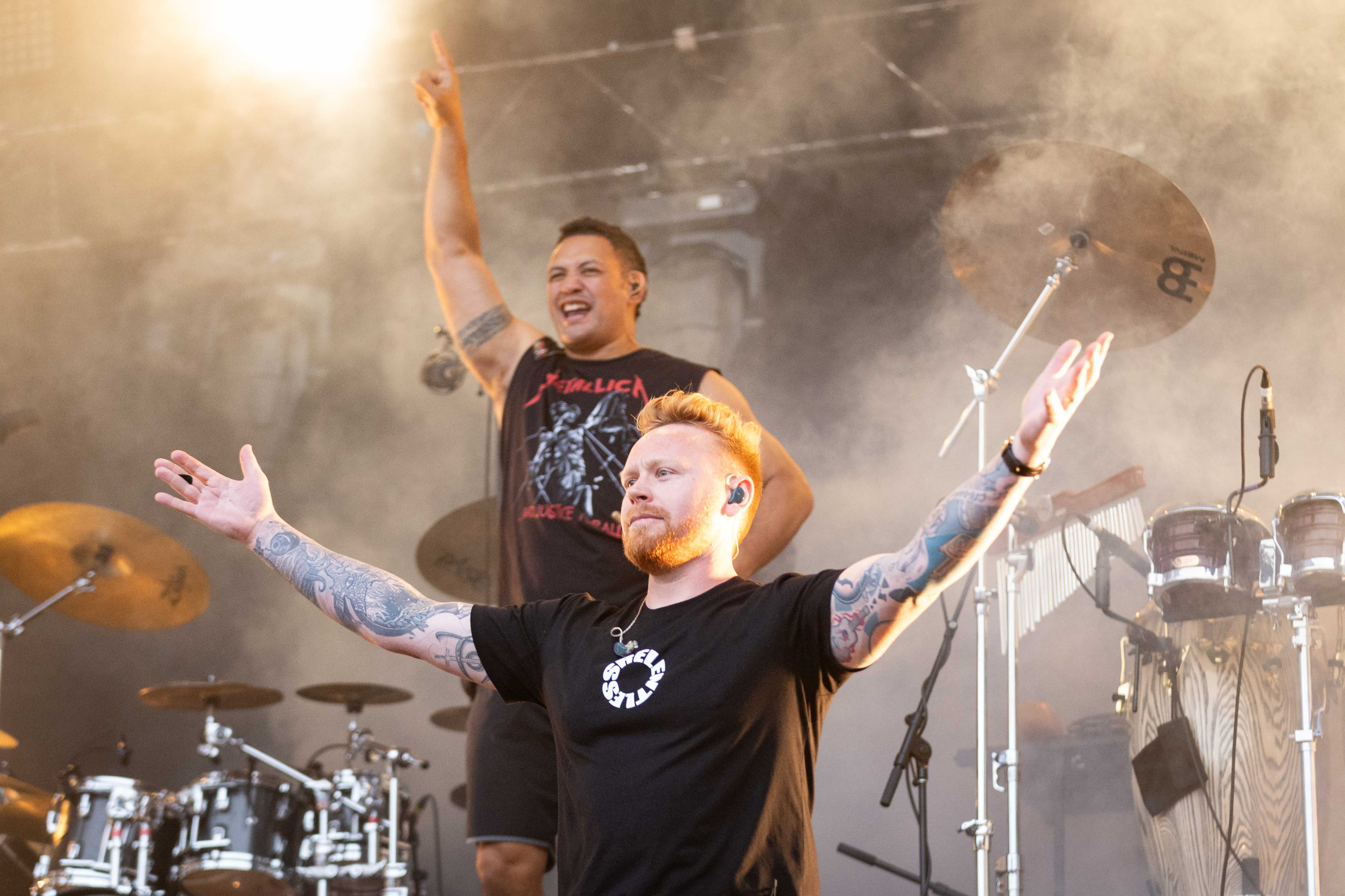 L.A.B smashed their show at the Wharepai Domain, Tauranga. Frontman Joel Shadbolt (front) and drummer Brad Kora. Photo / Alex Cairns