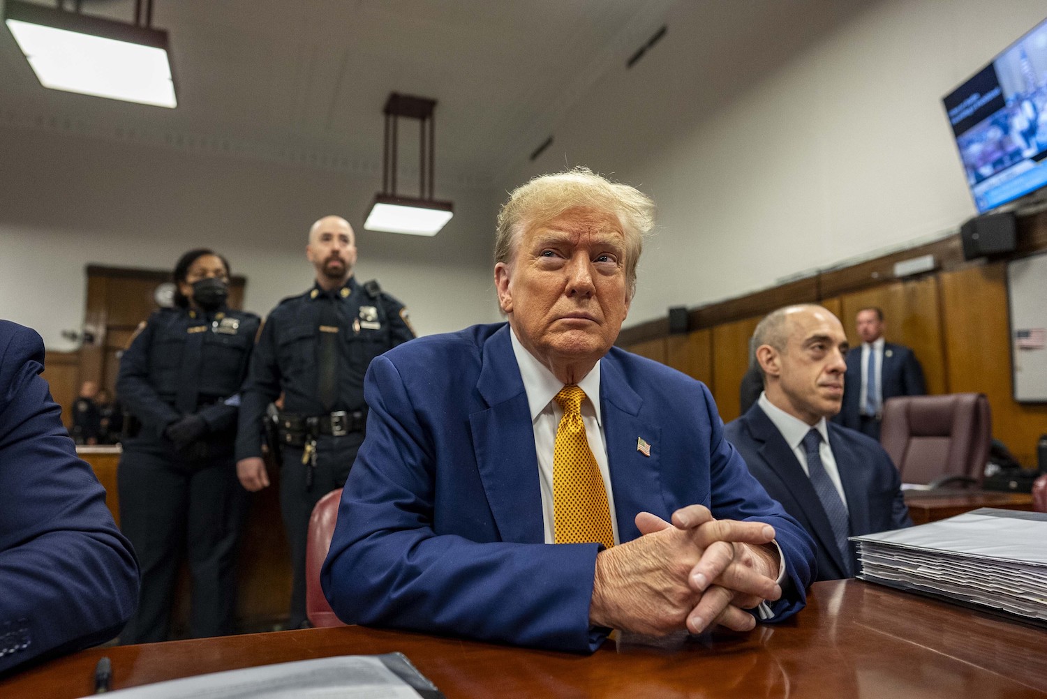 Donald Trump inside Manhattan Criminal Court, where a former White House official today gave evidence in his hush money trial. Photo / AP