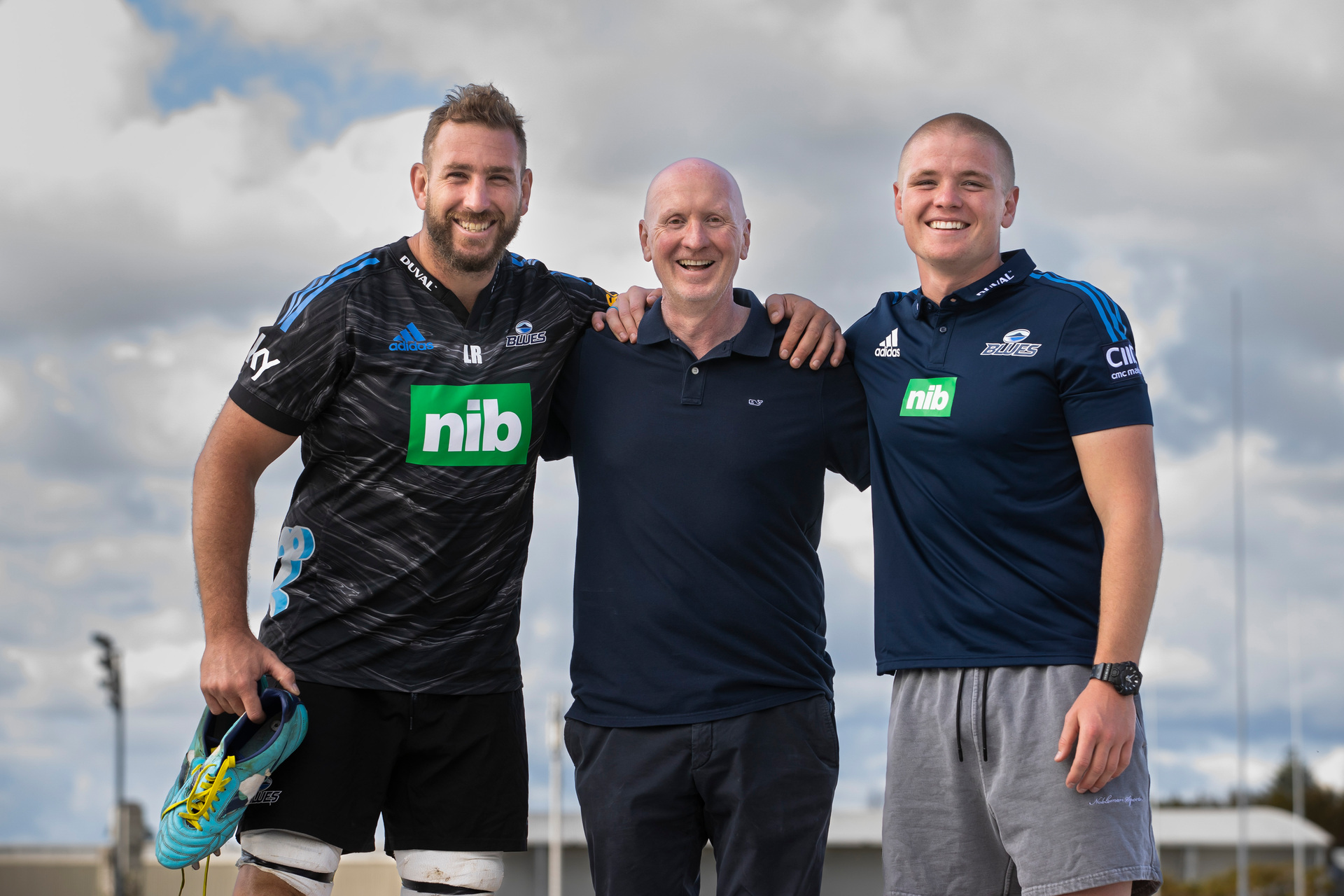 Anton Segner (right) with his father Tim Segner (centre) and Blues lock Luke Romano. Photo / Brett Phibbs