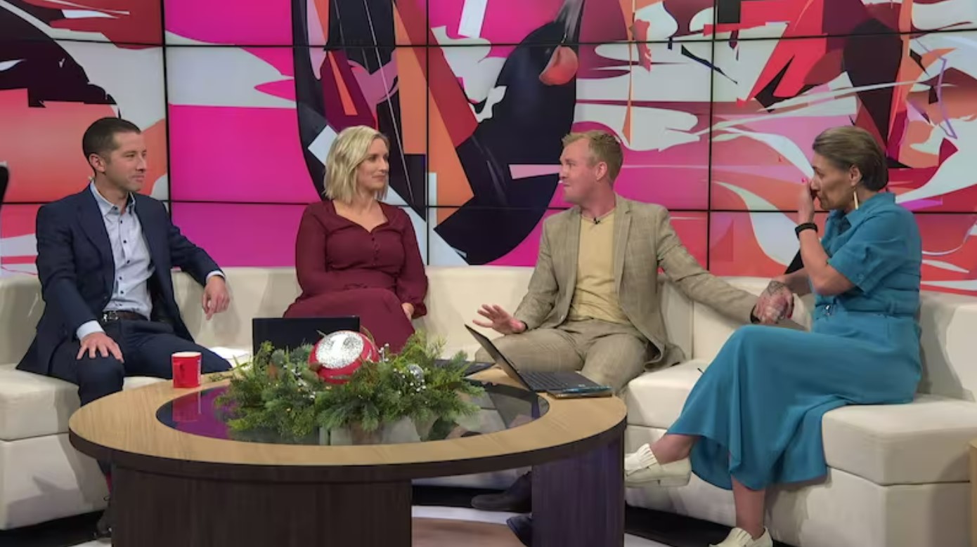 Chris Chang, Anna Burns-Francis, Matty McLean and Jenny-May Clarkson sit on the Breakfast couch as co-hosts for one of the last times. Photo / TVNZ