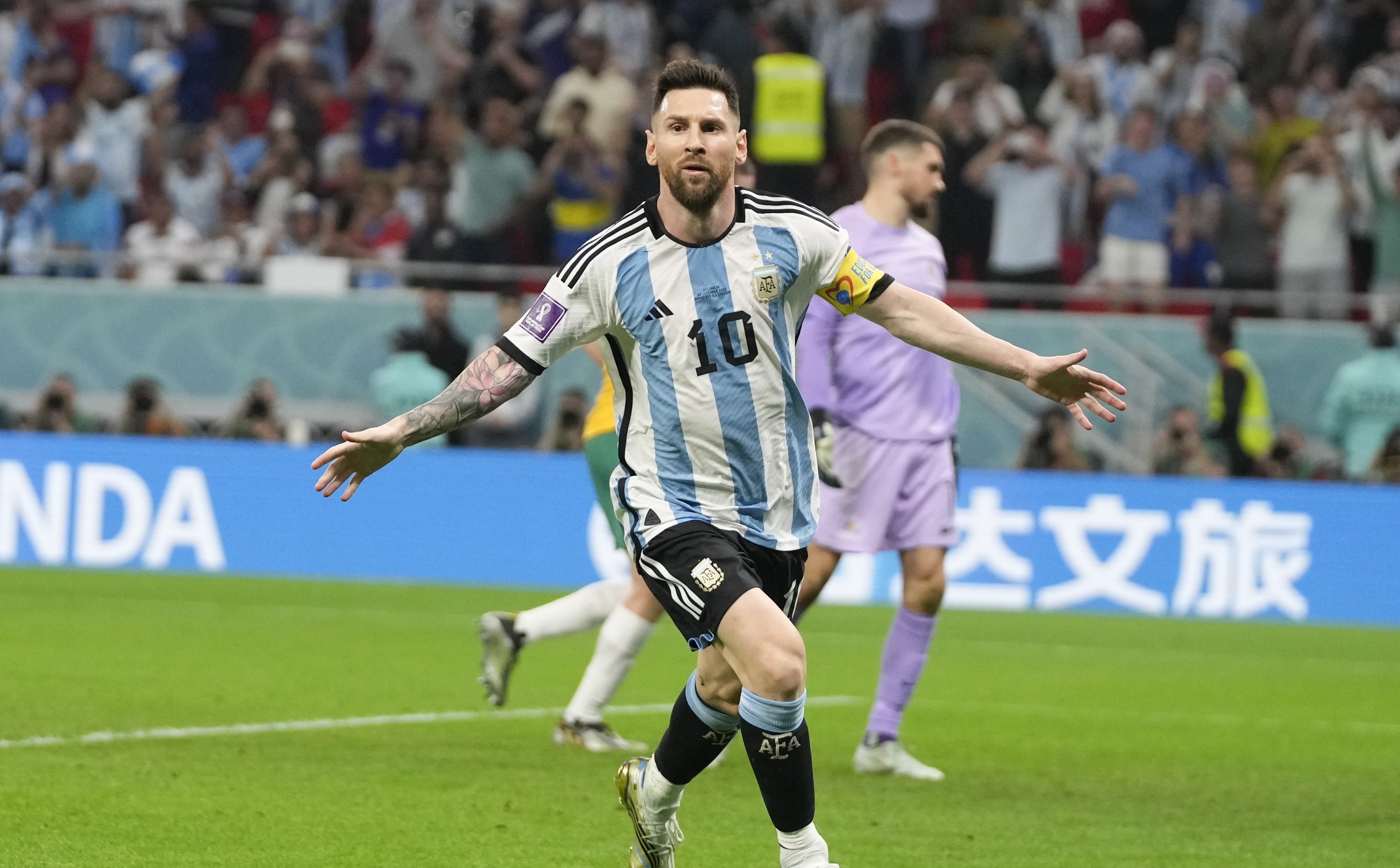 Argentina's Lionel Messi celebrates scoring against Australia. Photo / AP