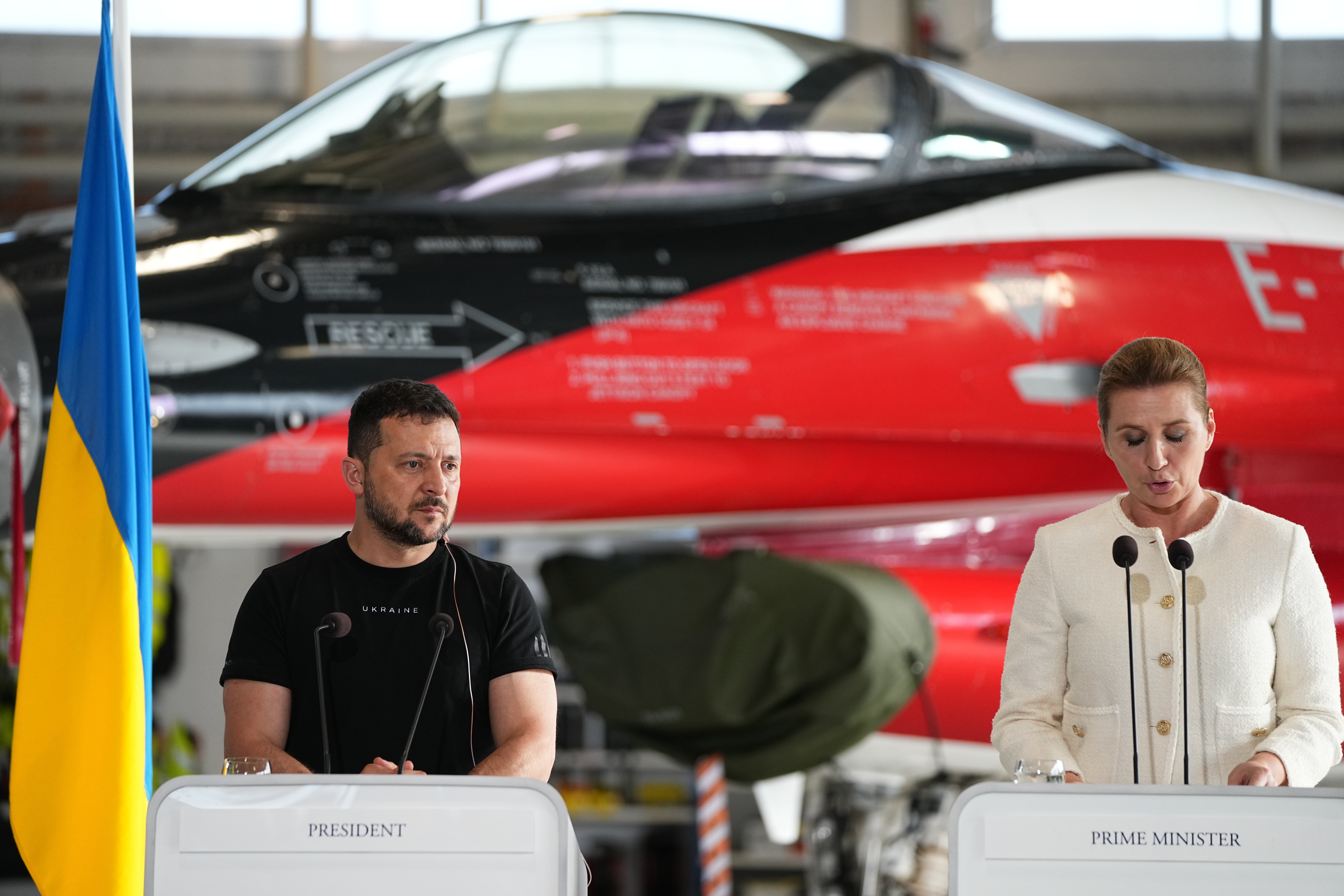 Ukrainian President Volodymyr Zelenskyy (left) and Danish Prime Minister Mette Frederiksen. Photo / AP
