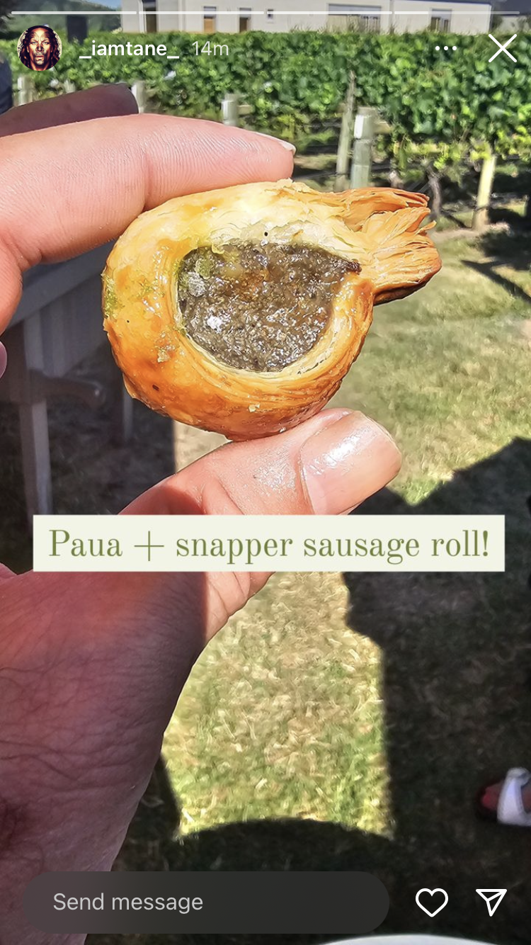 Paua and snapper sausage roll on the menu at Ardern and Gayford's wedding. Photo / Instagram/Tane Tomoana