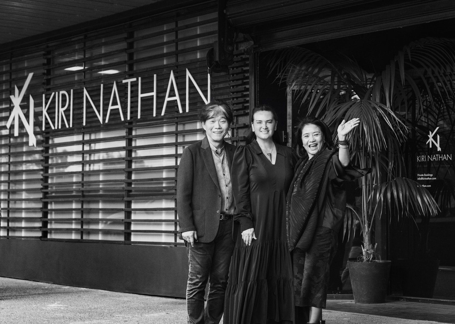 Kiri Nathan with couturier Guo Pei and her husband Jack outside Te Āhuru Mōwai in Glenn Innes. Photo / Damien Nikora