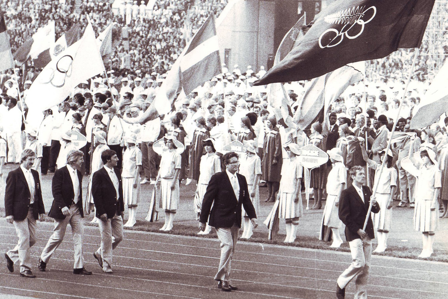 The New Zealand team at the Olympic Games, Moscow, 1980. Courtesy of Ron Palenski. Photo / New Zealand Fashion Museum