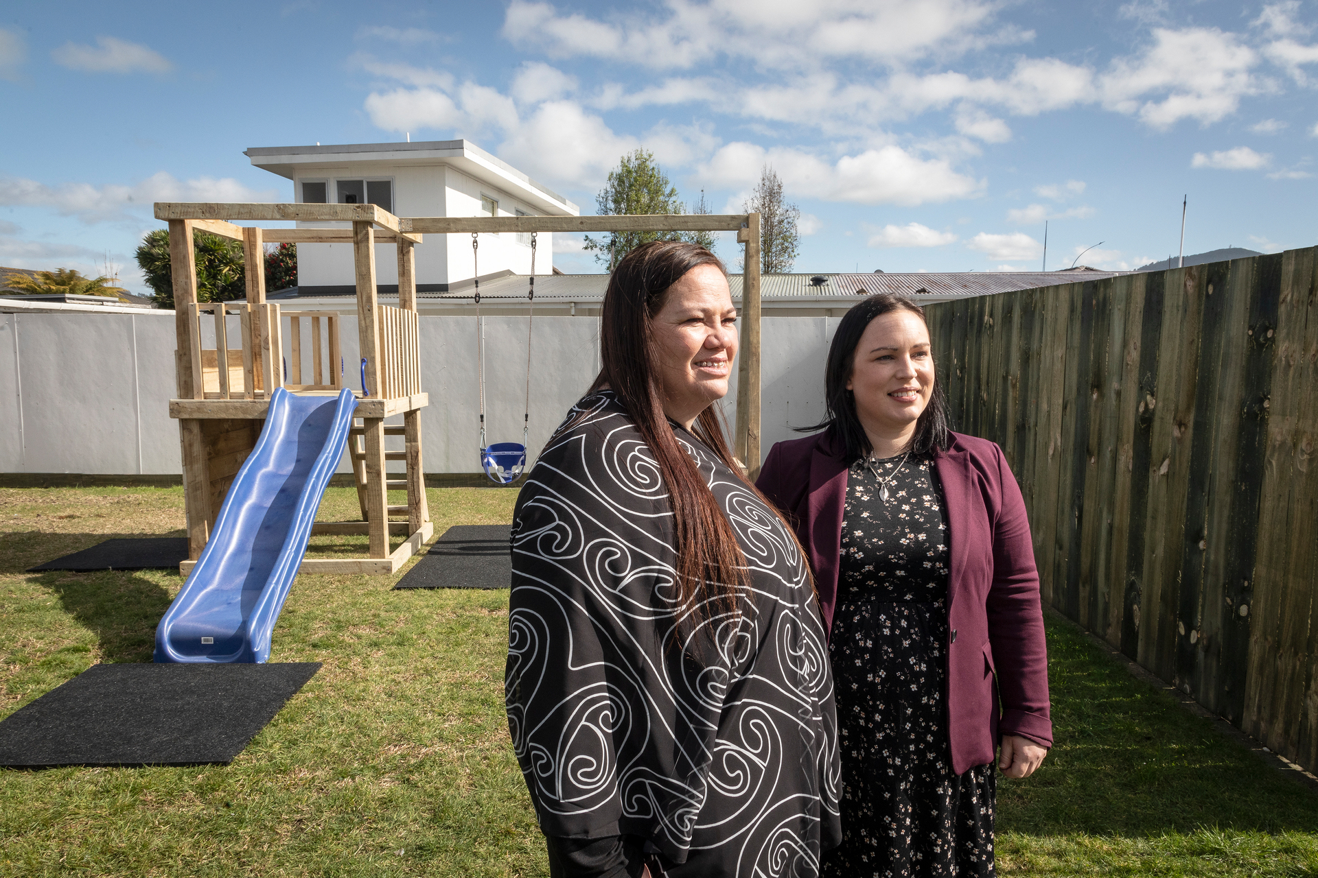 Wera Aotearoa Charitable Trust housing operations manager Toli Maka and  Kāinga Ora supported housing director Karla Fisher at the 2six5 on Fenton playground. Photo / Andrew Warner