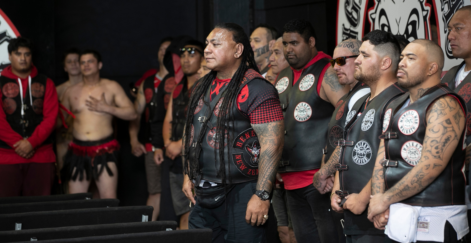 President of the Waikato Mongrel Mob Kingdom Chapter Sonny Fatupaito keeps an eye on things as guests are welcomed into the gangs headquaters for a hui in Hamilton. Photo / Alan Gibson