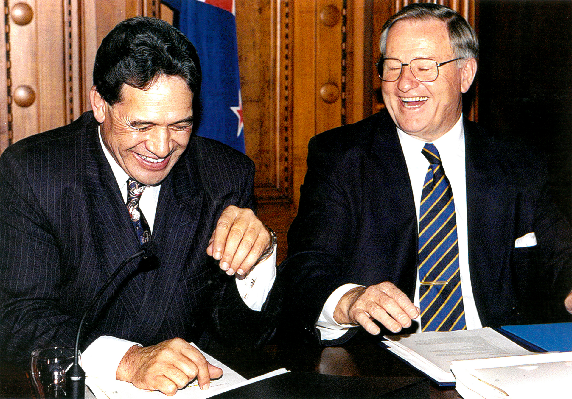 Winston Peters and Jim Bolger sign a coalition agreement in 1996. Photo / Martin Hunter
