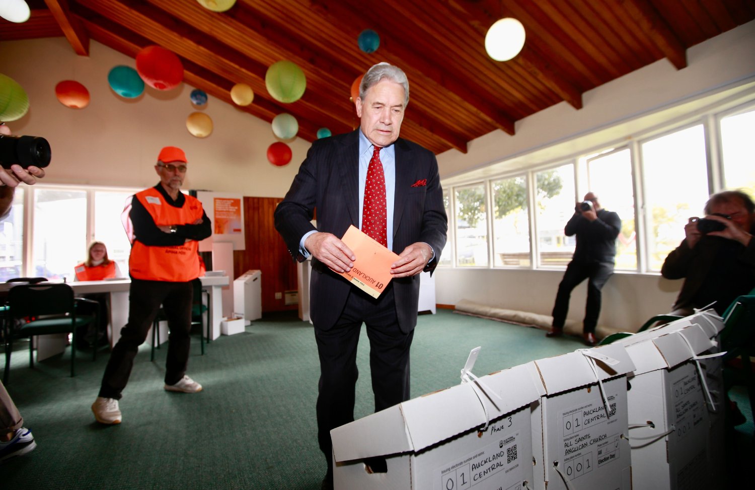 Winston Peters, pictured at the polls in 2023, said New Zealand First wants to update the country's electoral law so only citizens can cast their vote. Photo / Alex Burton