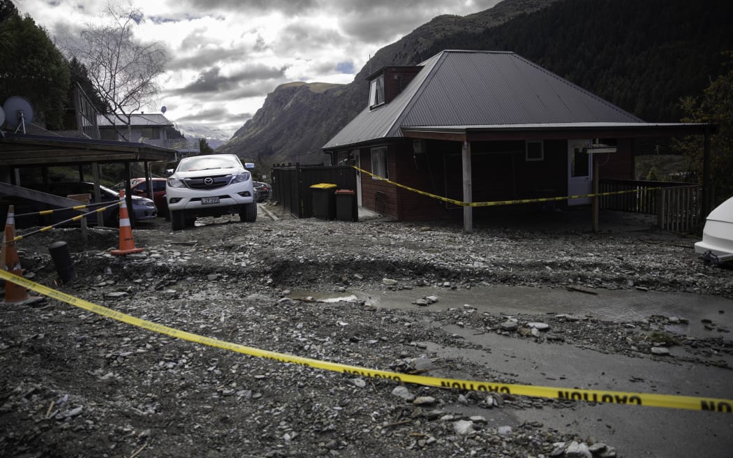 Slip debris covers Reavers Lane in Queenstown after heavy rains. Photo: RNZ