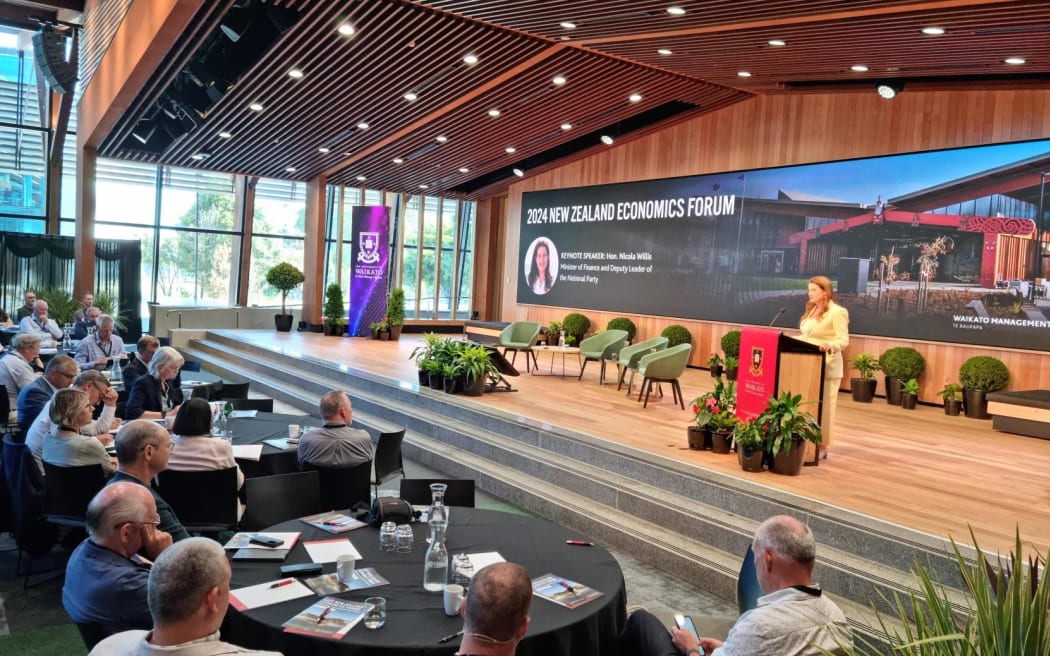 Finance Minister Nicola Willis gives a speech to the New Zealand Economic Forum at Waikato University. Photo / RNZ / Libby Kirkby-McLeod