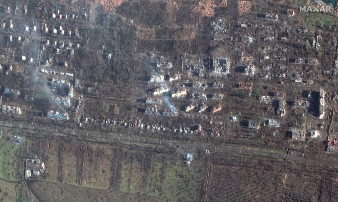 This satellite image provided by Maxar Technologies shows destroyed apartment buildings and craters in the southern part of the city of Bakhmut, Ukraine, this week. Photo / via AP