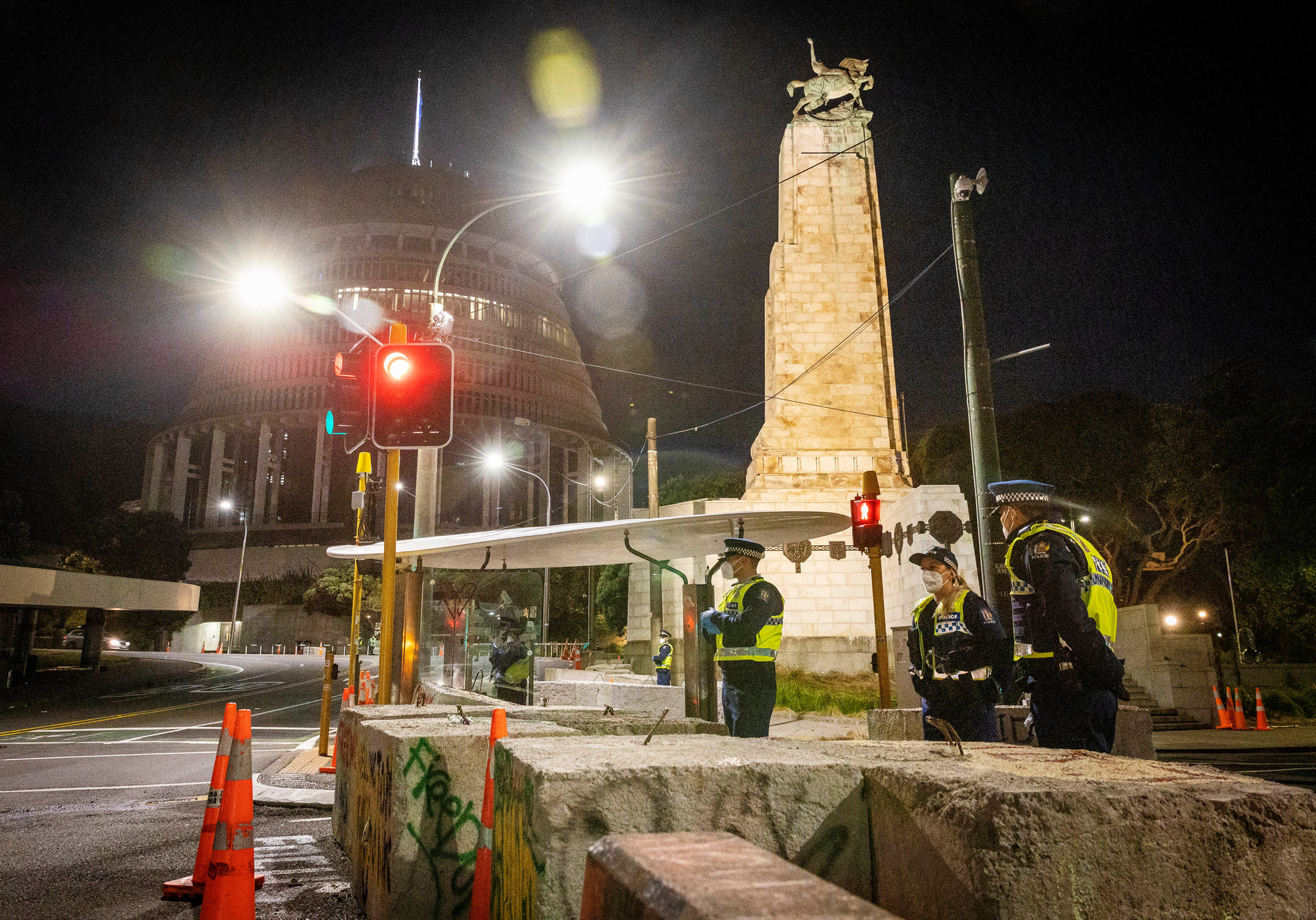 Police maintain a big presence on the streets surrounding Parliament where there is evidence of the protesters' occupation and violent destruction of its ending. Photo / Mike Scott