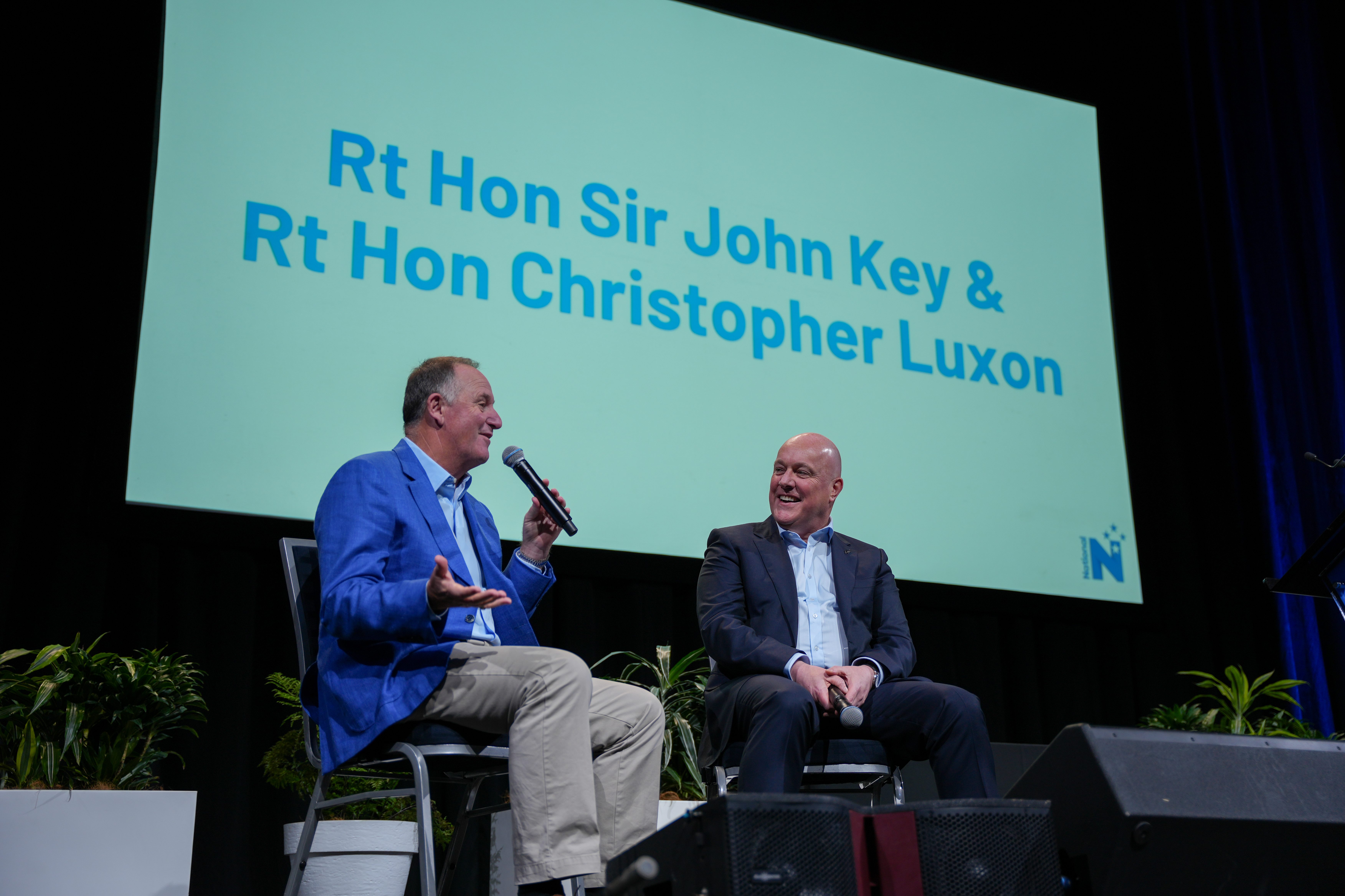 Former PM Sir John Key talks with Prime Minister Christopher Luxon at the 2024 National Party conference. Photo / supplied