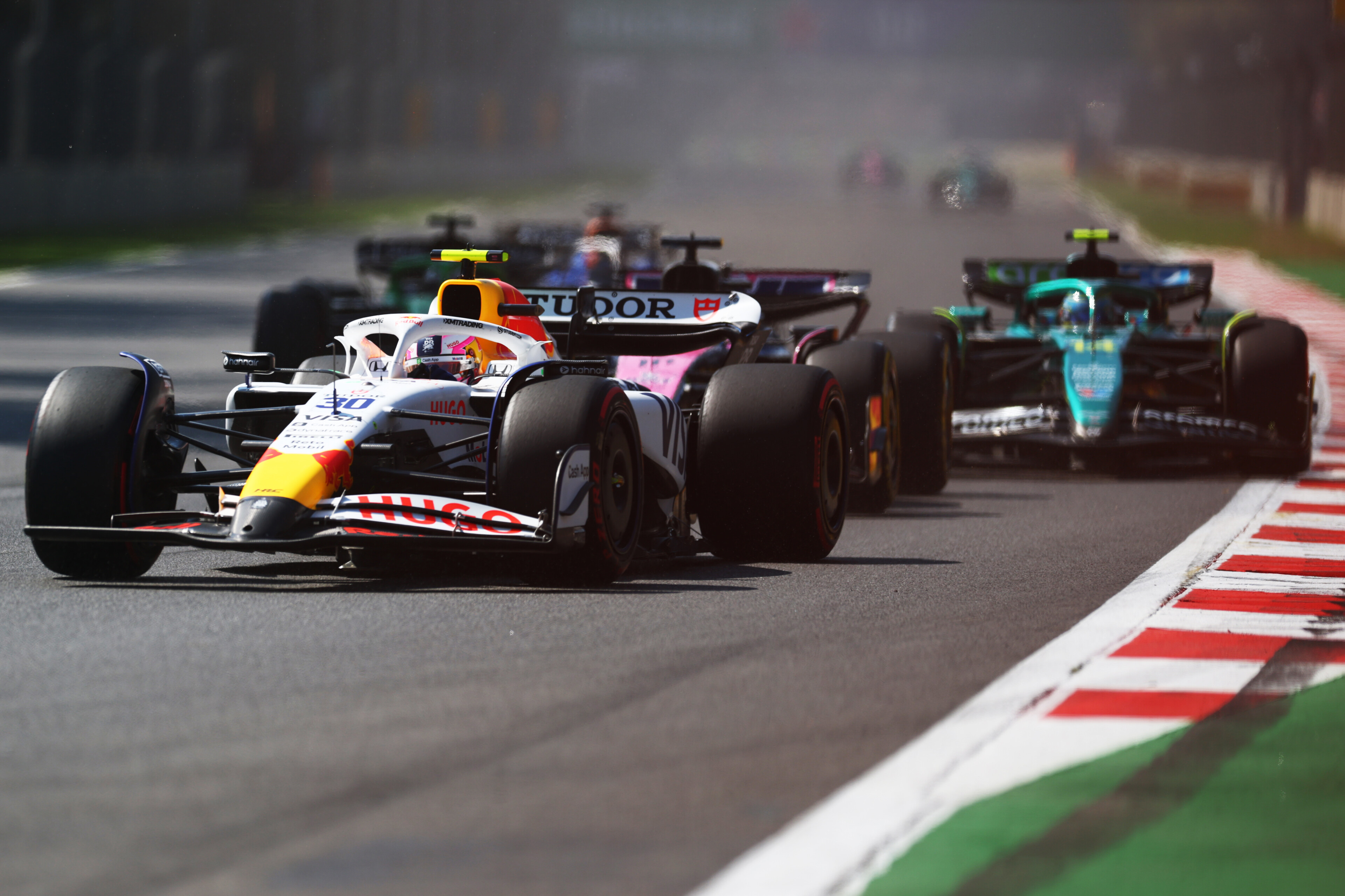Liam Lawson with a damaged front wing at the Mexican Grand Prix. Photo / Red Bull