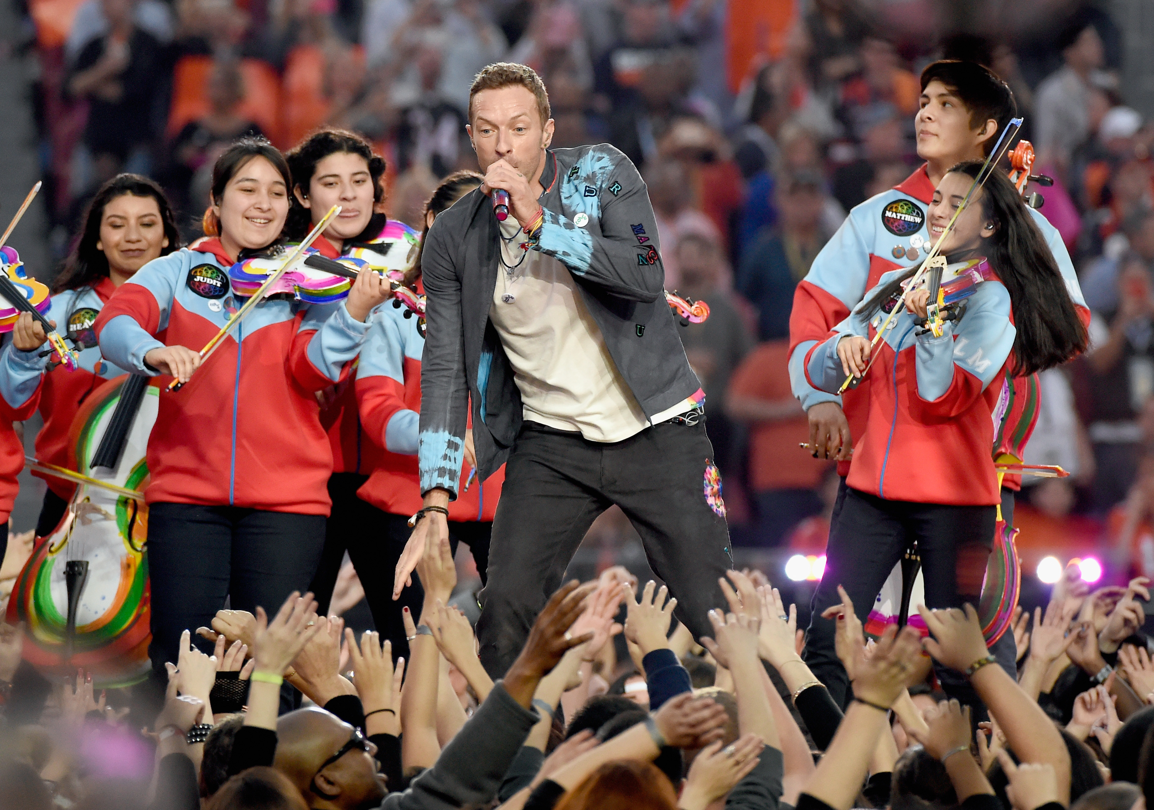 Chris Martin of Coldplay performs during the Pepsi Super Bowl 50 Halftime Show. Photo / Getty 